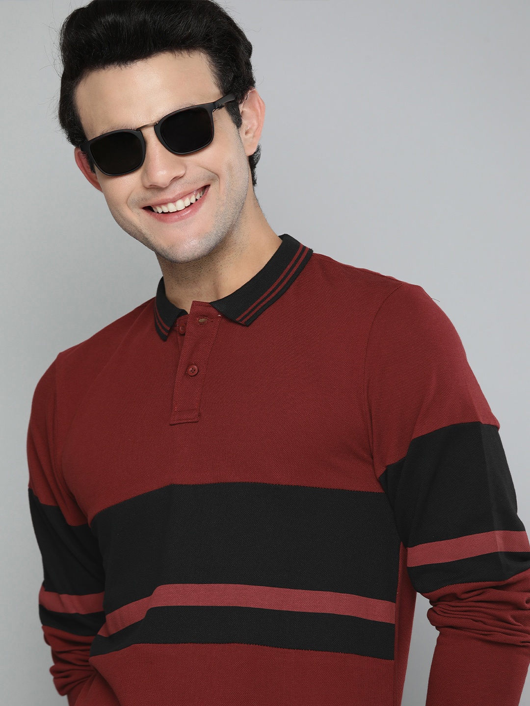 

HERENOW Men Maroon Black Colourblocked Polo Collar Pure Cotton T-shirt