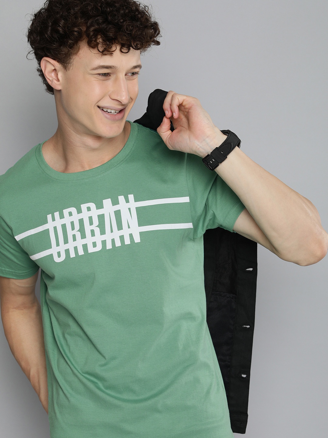 

HERENOW Men Green Typography Printed Pure Cotton T-shirt