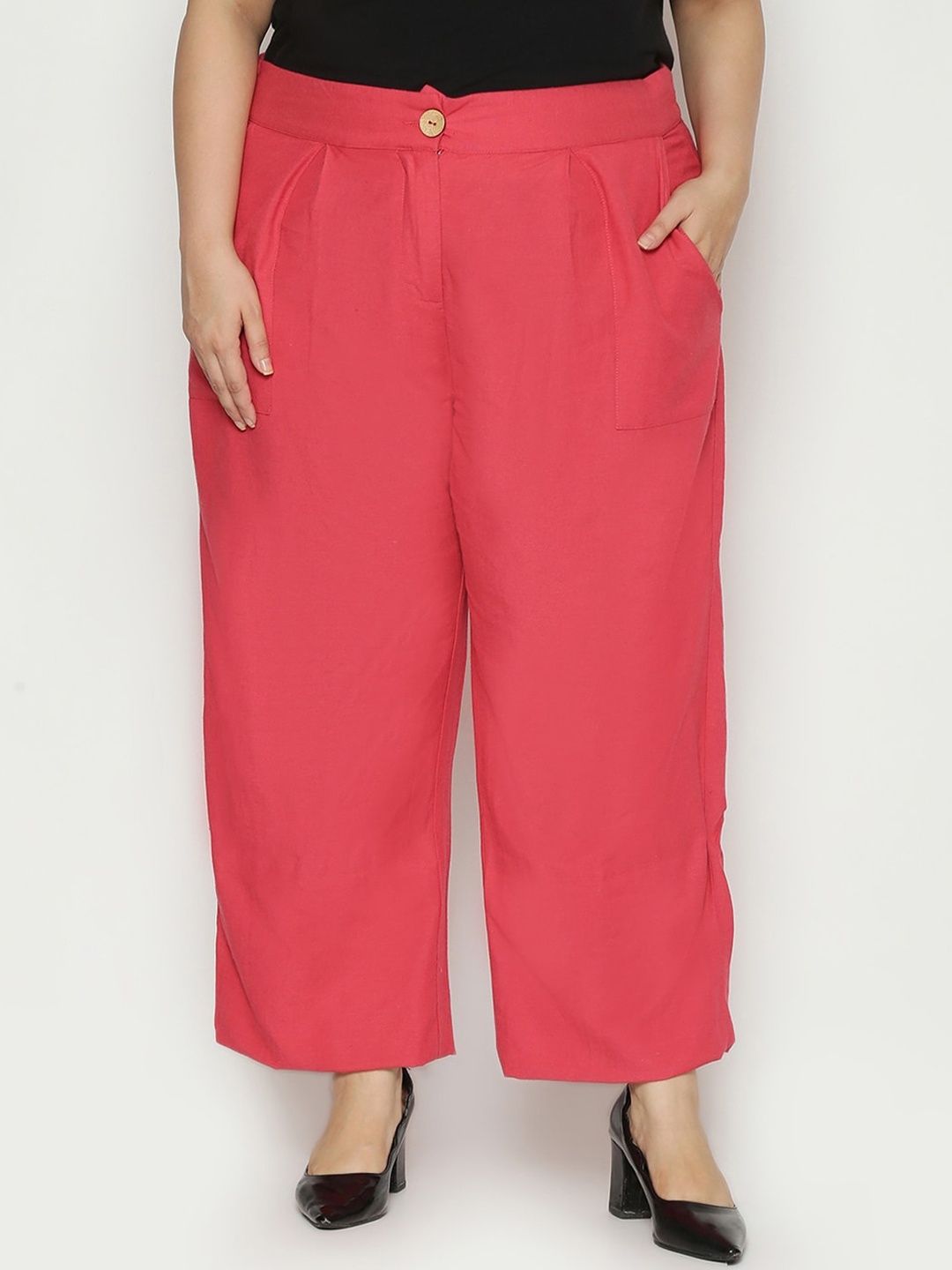 

Oxolloxo Women Pink Solid Plus Size Pleated Trousers
