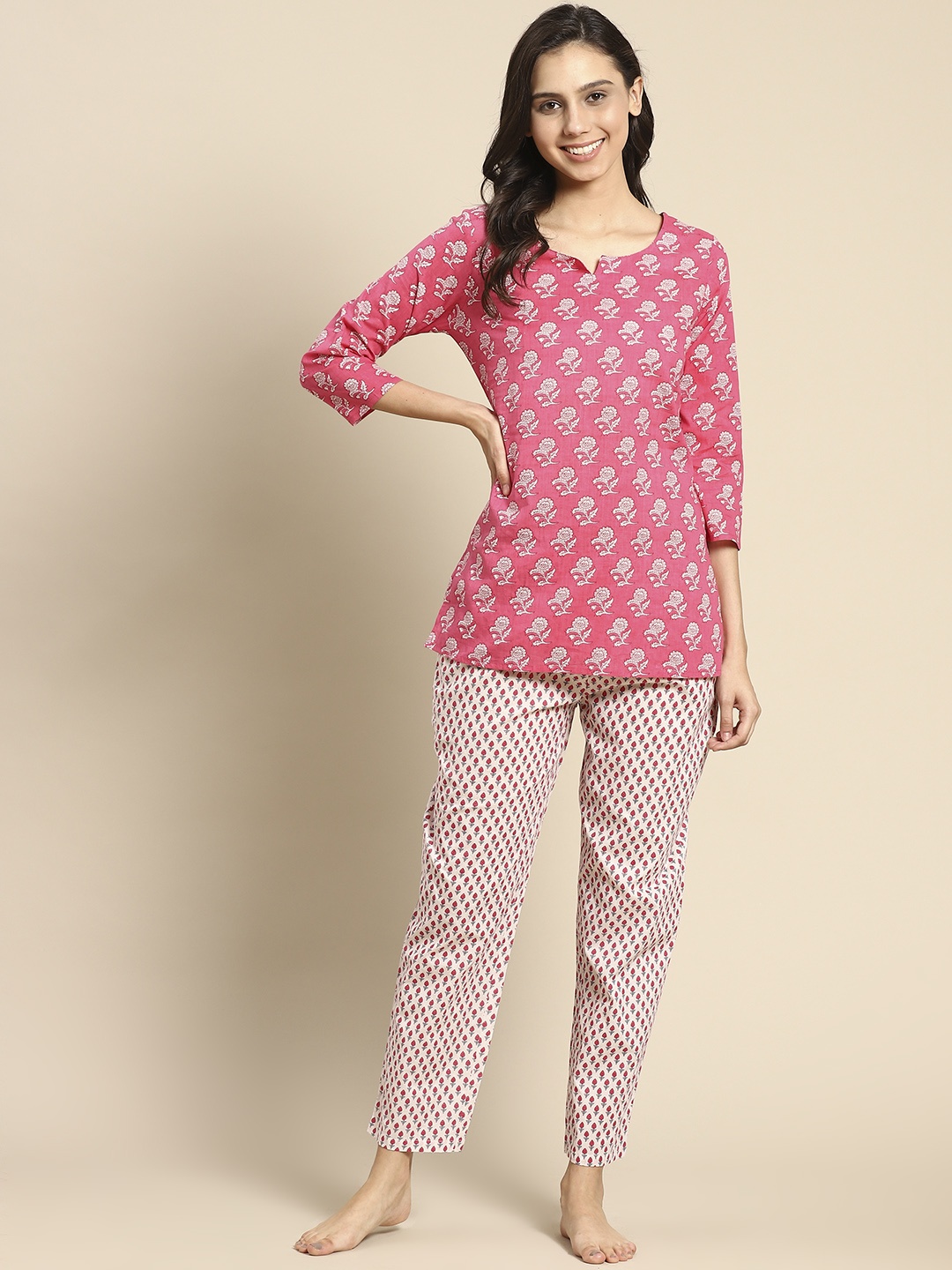 

Prakrti Women Pink & White Ethnic Motifs Cotton Pyjama Set