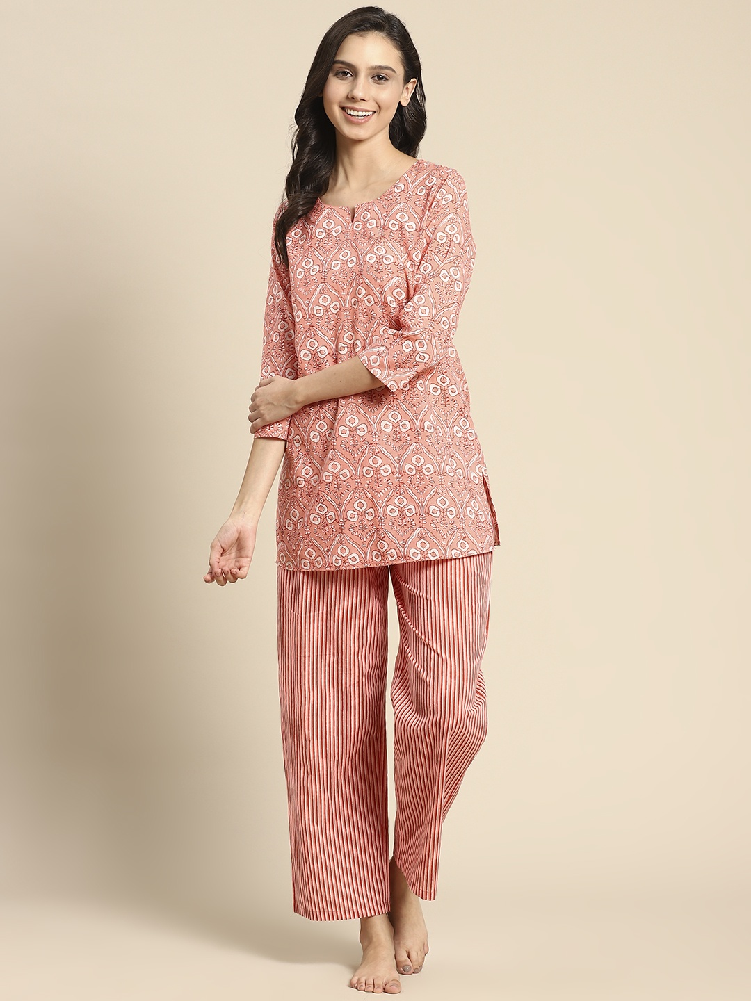 

Prakrti Women Peach-Coloured & Red Printed Pure Cotton Night suit