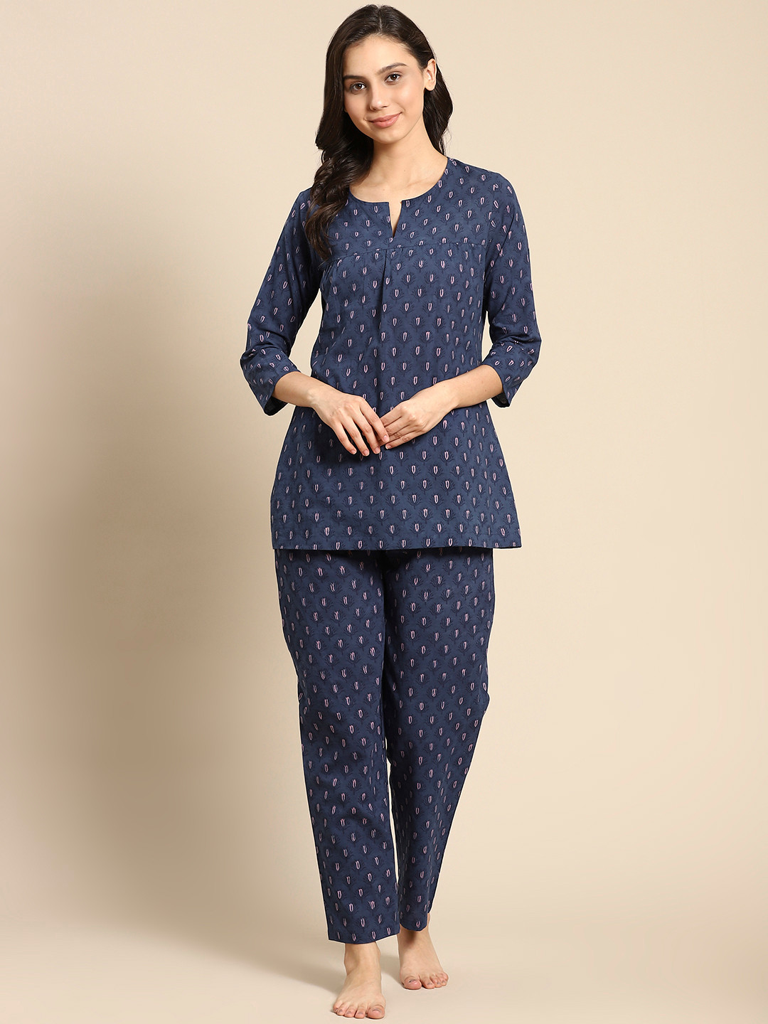 

Prakrti Women Navy Blue Ethnic Motifs Print Cotton Pyjama Set