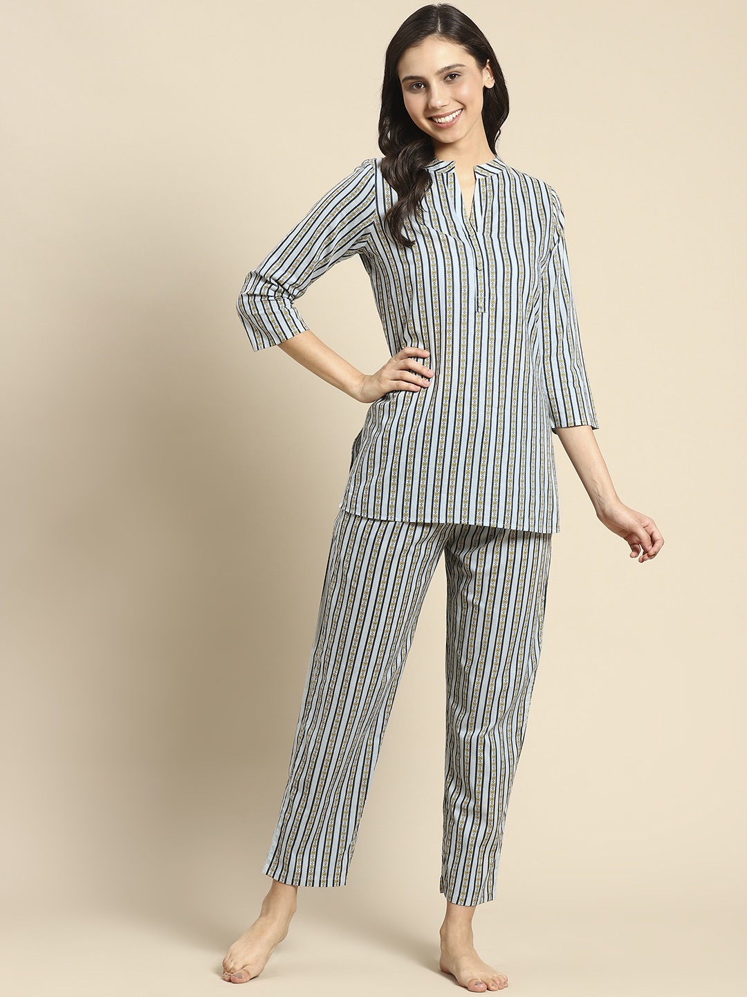 

Prakrti Women Blue & Yellow Striped Cotton Pyjamas Set
