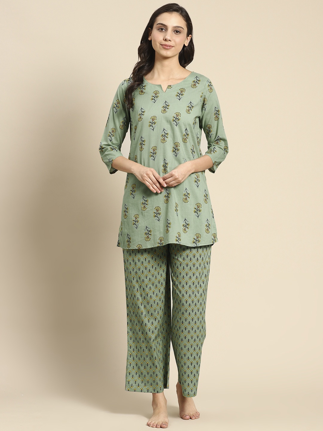 

Prakrti Women Green & Mustard Yellow Ethnic Motifs Print Cotton Pyjamas Set