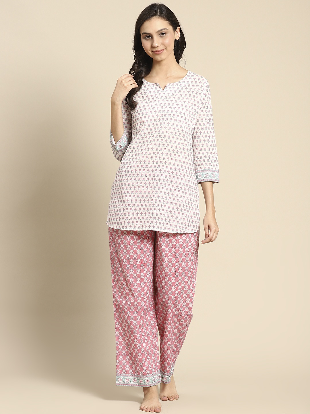 

Prakrti Women Pink & White Pure Cotton Handblock Print Pyjama Set