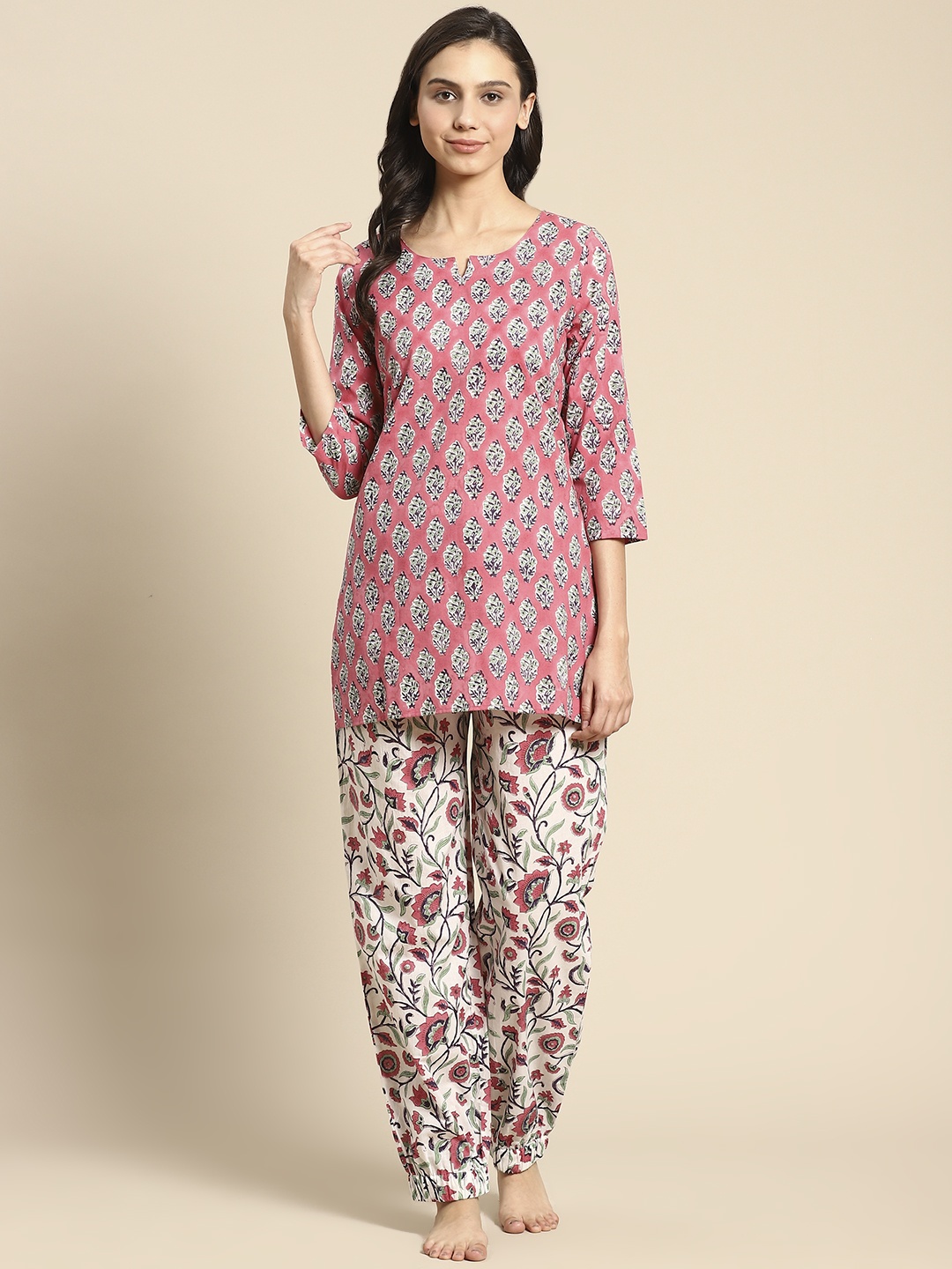 

Prakrti Women Coral Pink & White Pure Cotton Handblock Print Pyjama Set