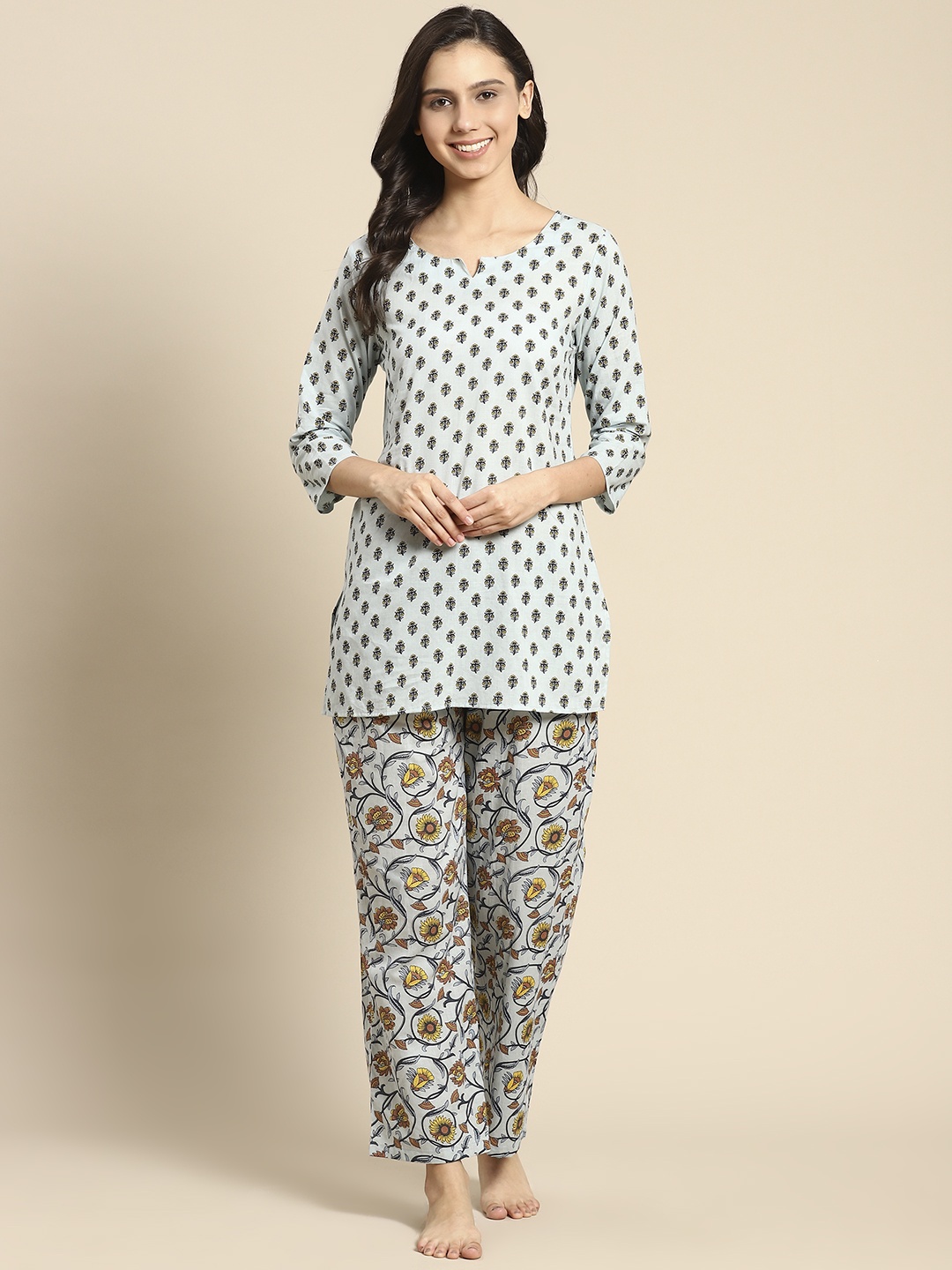 

Prakrti Women Blue & Mustard Yellow Ethnic Motifs Print Cotton Pyjama Set