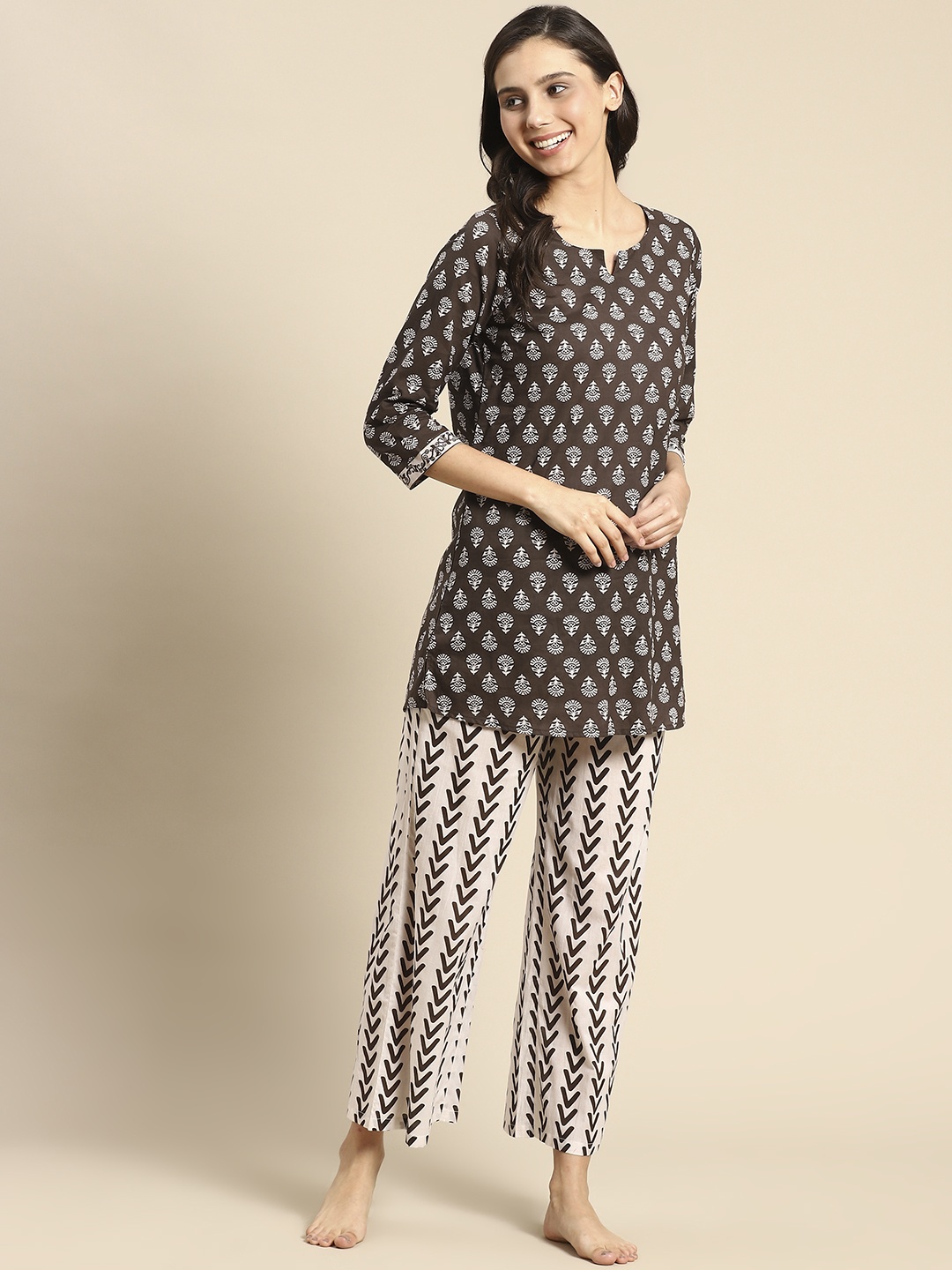 

Prakrti Women Brown & Off White Cotton Ethnic Print Pyjama Set