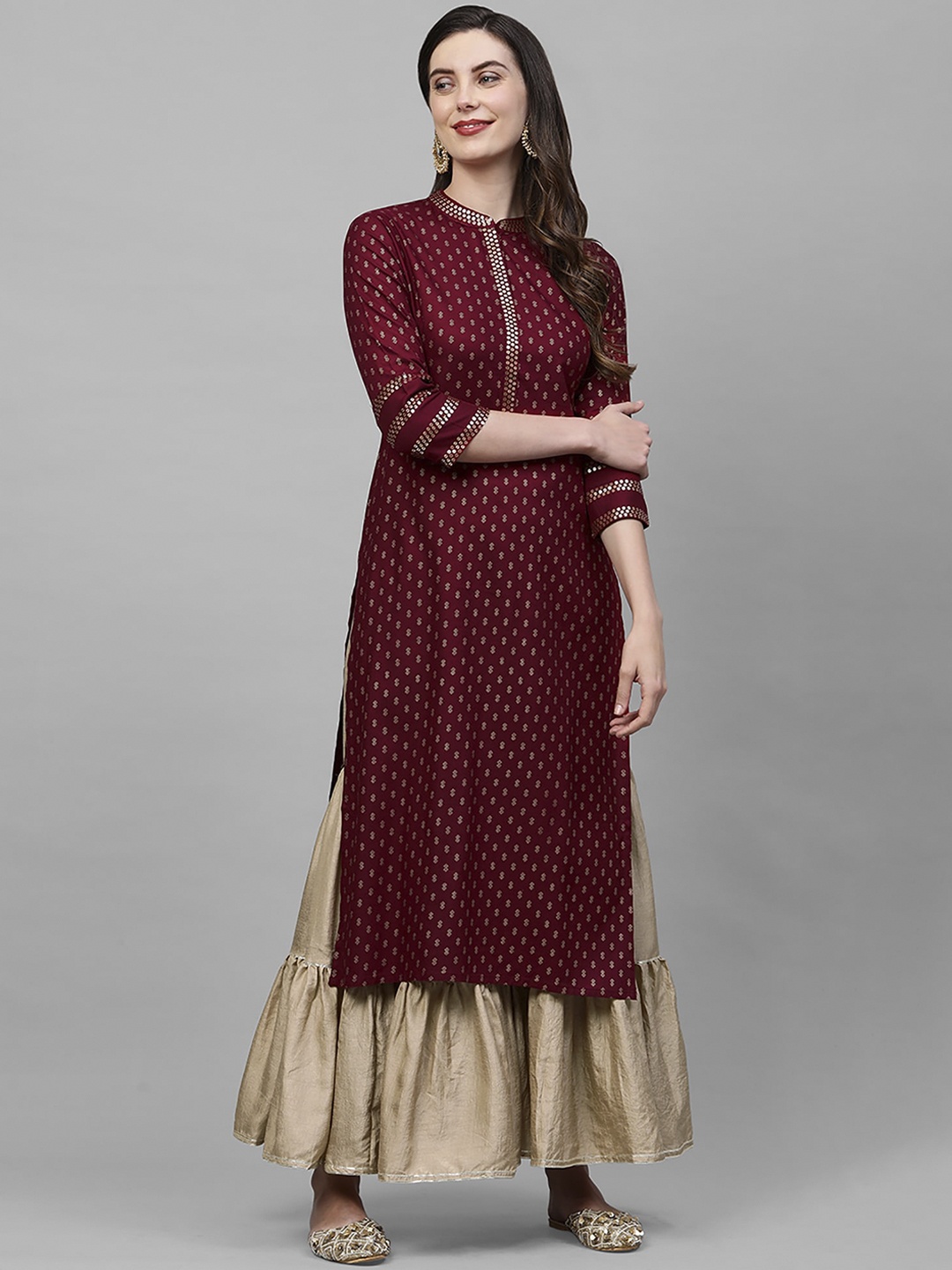 

Indo Era Women Maroon Foil Printed Straight Kurta