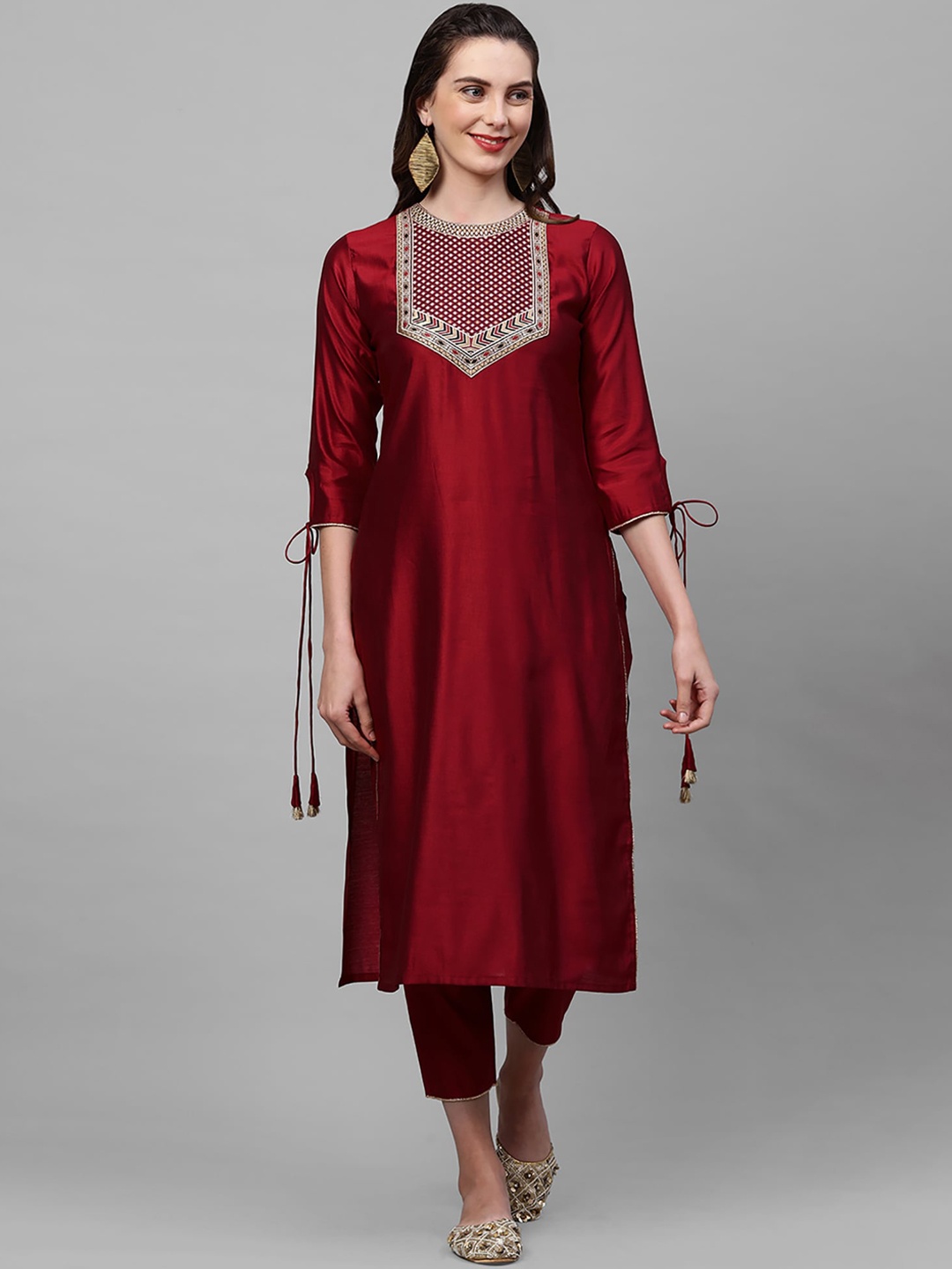 

Indo Era Women Red Ethnic Motifs Yoke Design Liva Kurta with Trousers