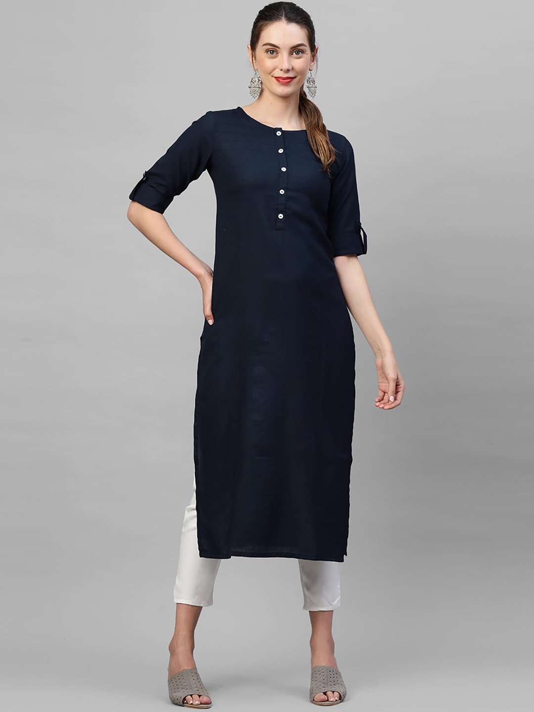 

Indo Era Women Navy Blue Straight Kurta