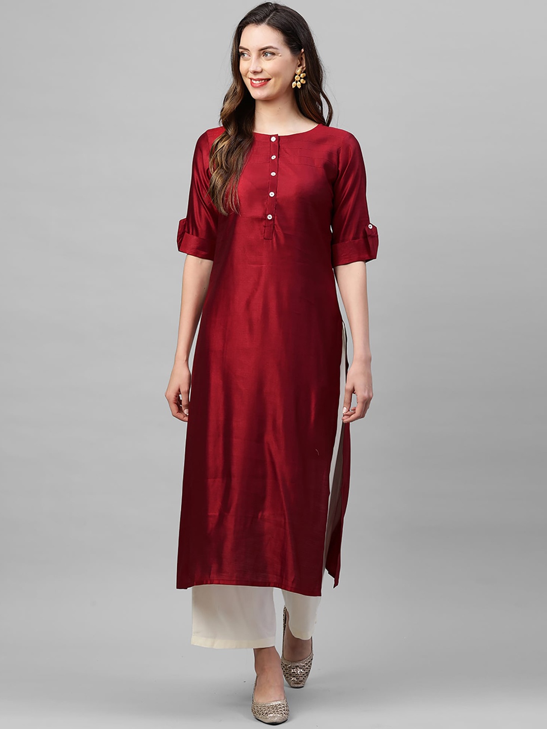 

Indo Era Women Red Solid Liva Straight Kurta