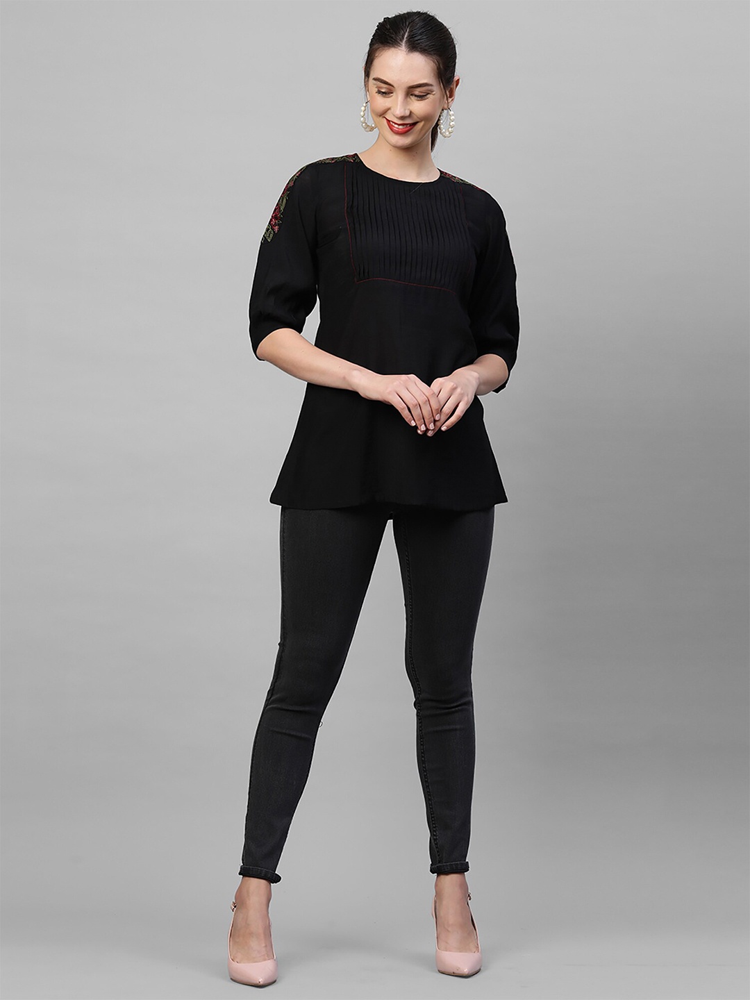 

Indo Era Women Black Embroidered Kurti