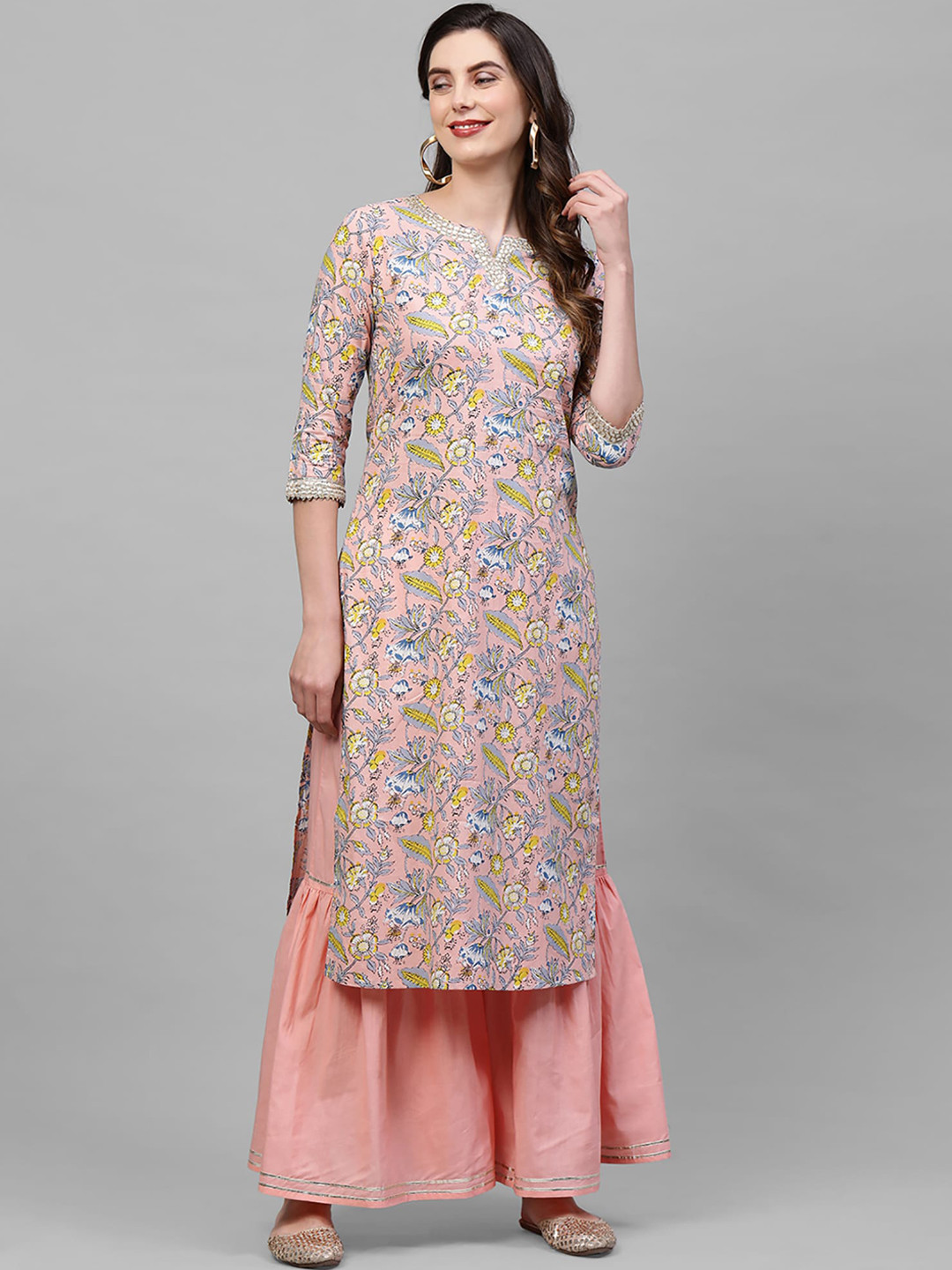 

Indo Era Women Pink Floral Printed Pure Cotton Kurta with Palazzos