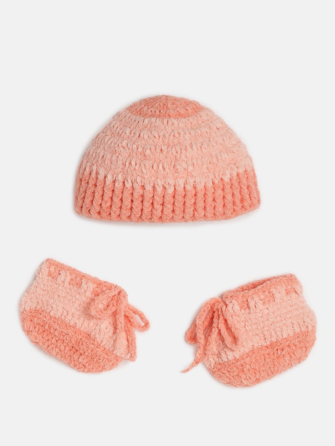 

Magic Needles Baby Peach-Coloured Handmade Cap & Booties Apparel Gift Set