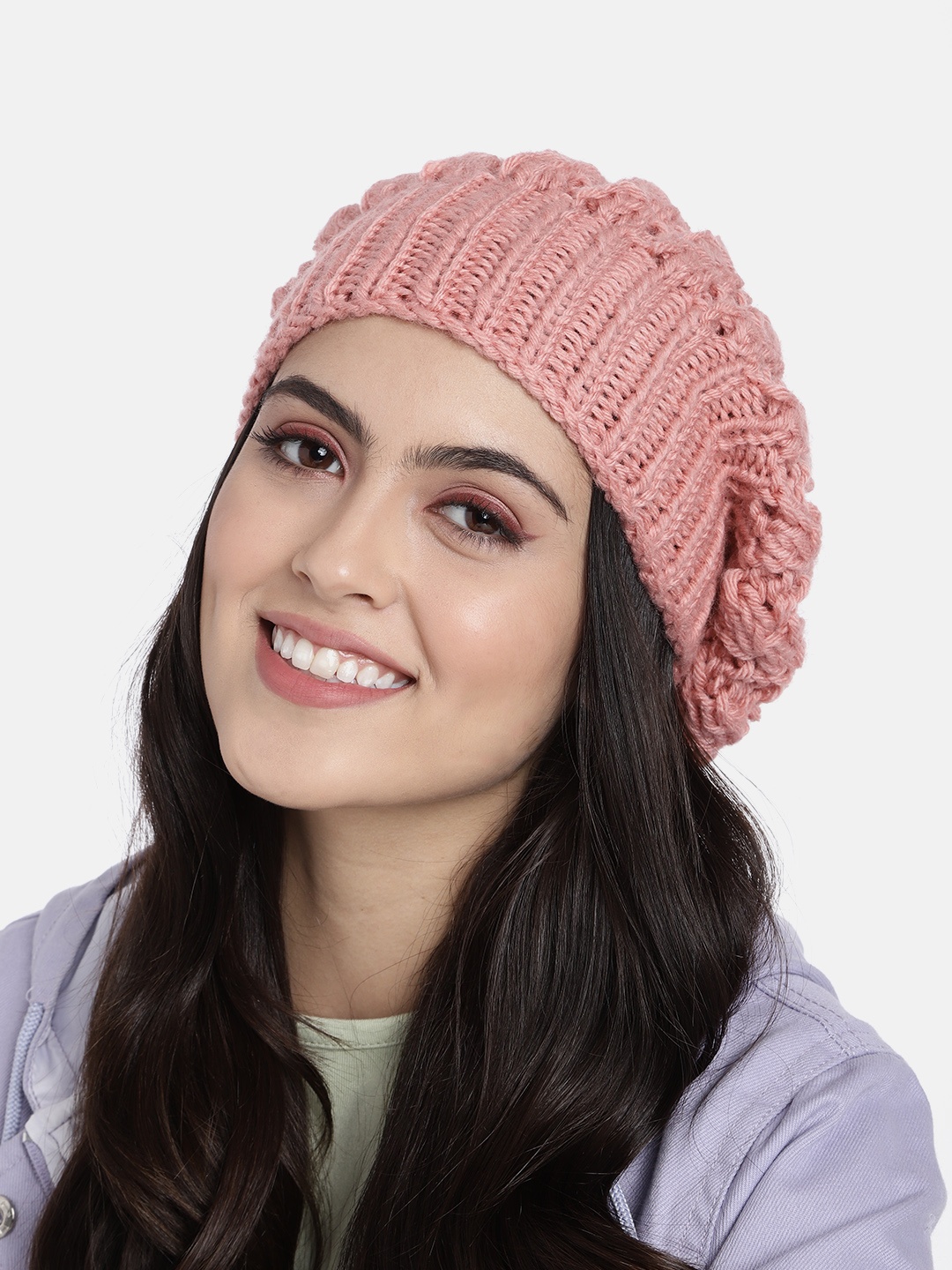 

Magic Needles Unisex Peach-Coloured Self Design Handmade Beanie
