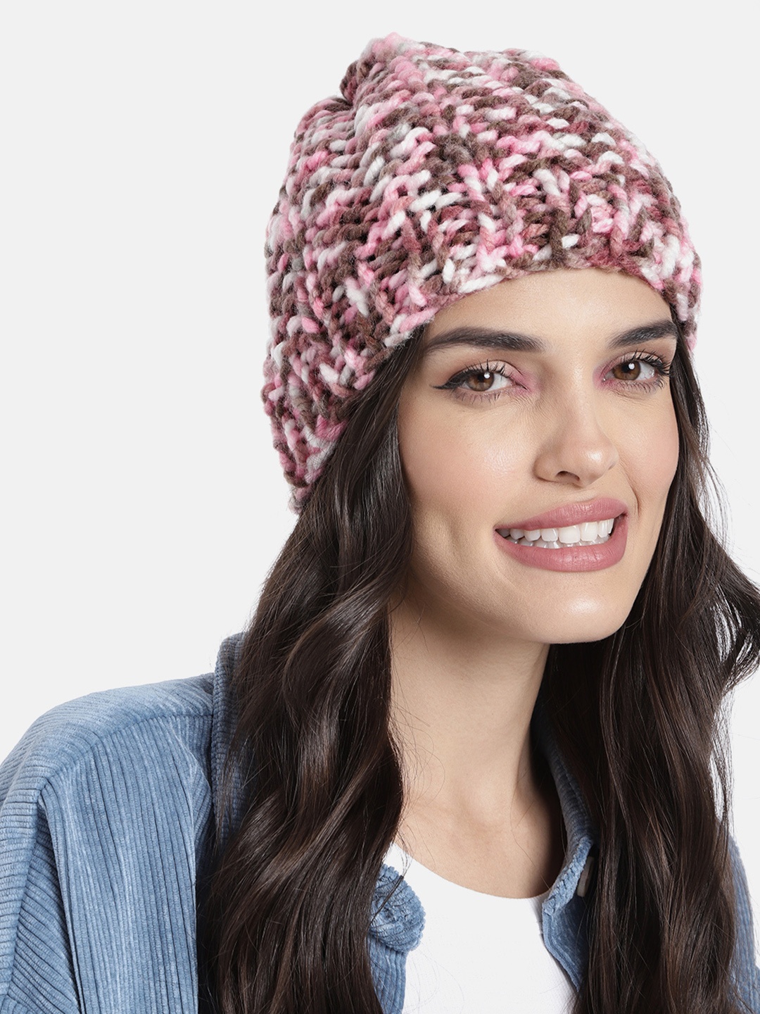 

Magic Needles Unisex Pink & Brown Handknitted Self Design Beanie