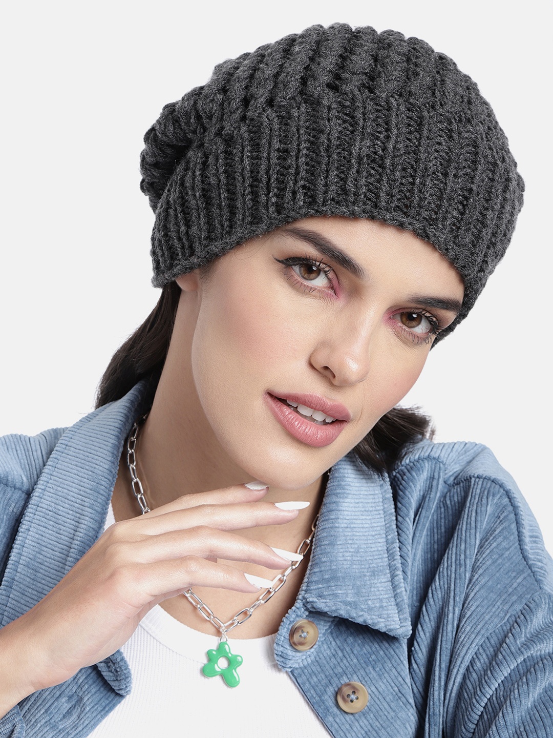 

Magic Needles Unisex Grey Self Design Beanie