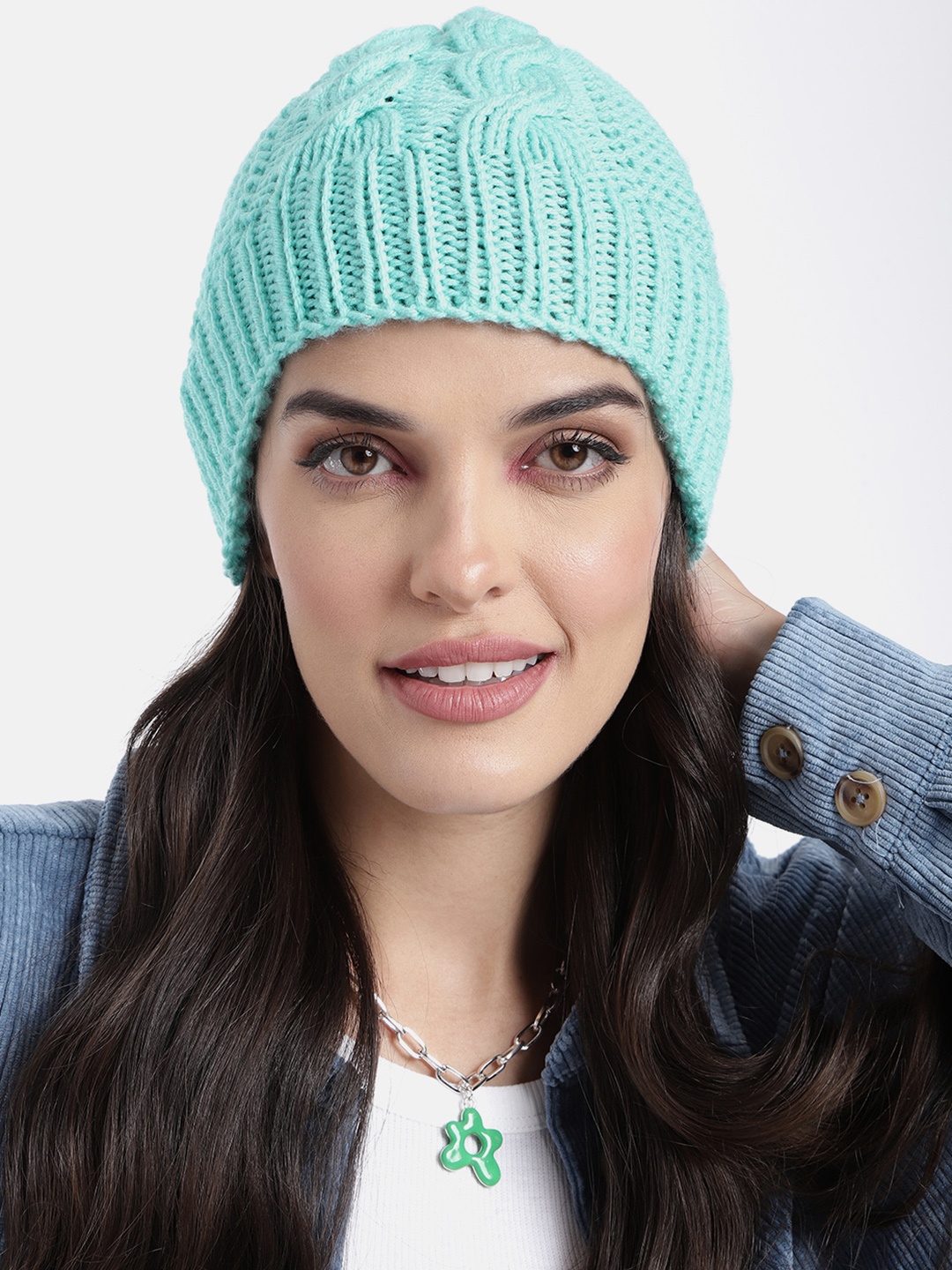 

Magic Needles Unisex Turquoise Blue Self Design Beanie