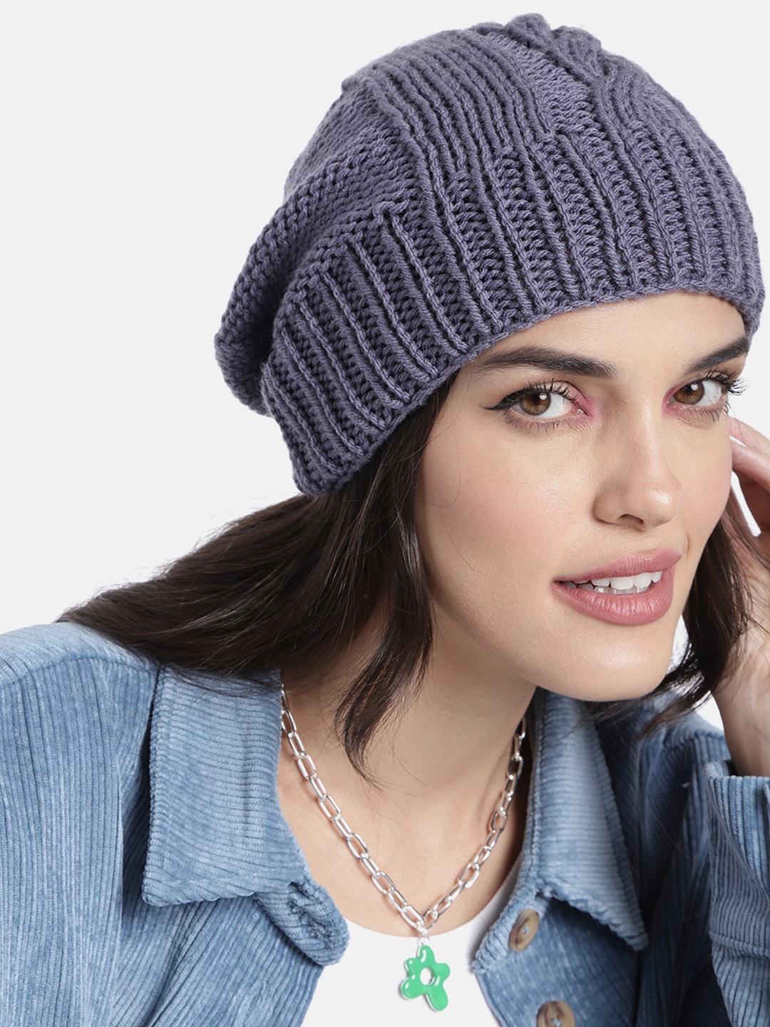 

Magic Needles Unisex Grey Self Design Beanie