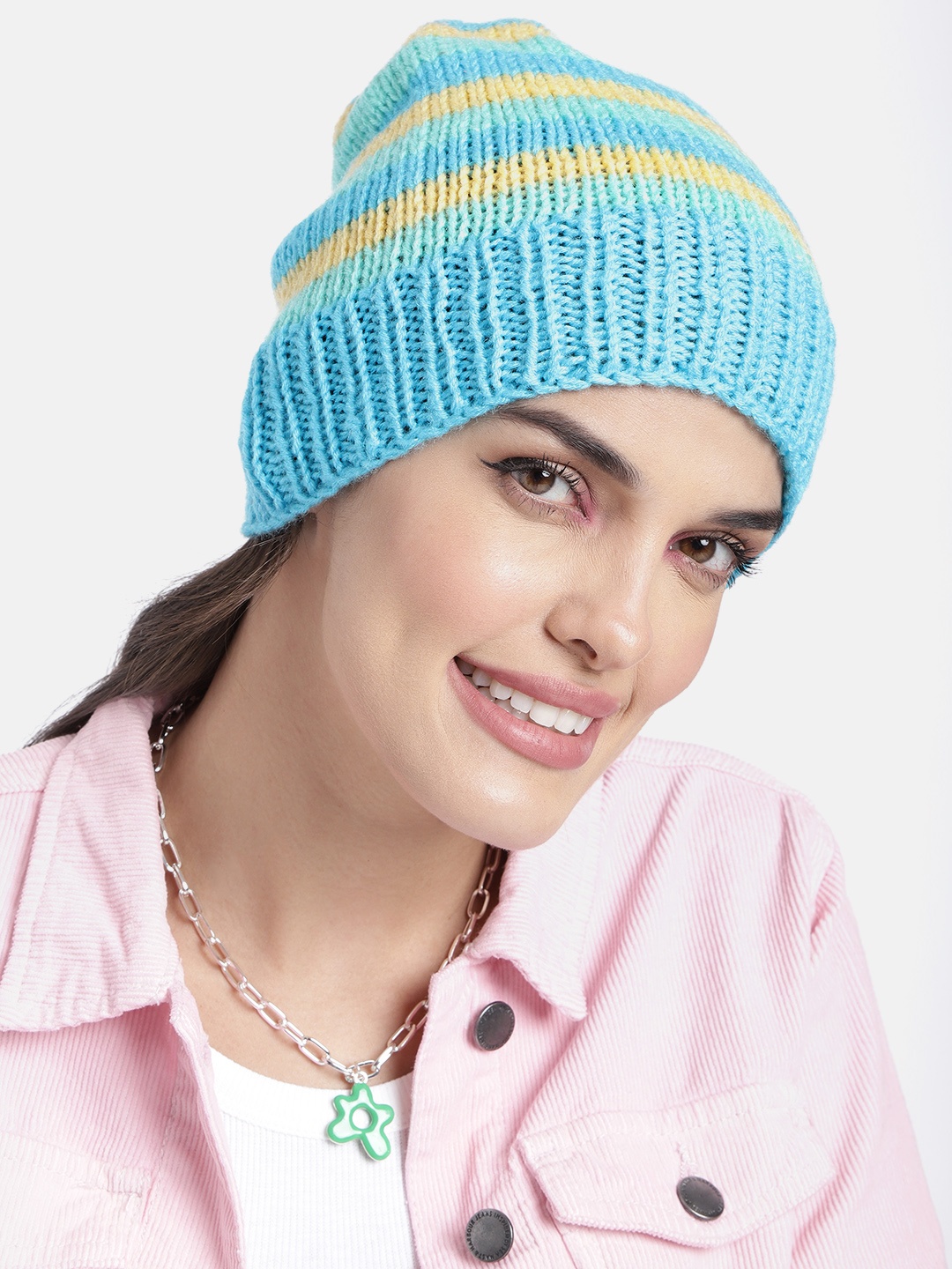 

Magic Needles Unisex Blue & Yellow Colourblocked Beanie
