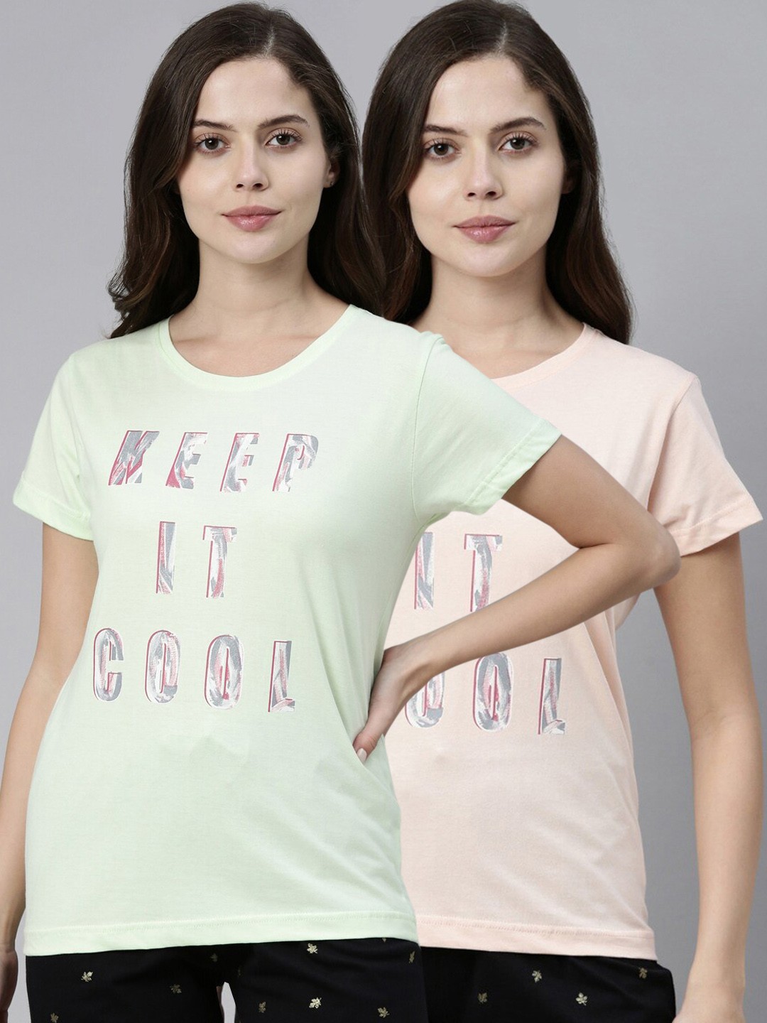 

Kryptic Women Pack Of 2 Typography Printed Pure Cotton Lounge T-Shirts, Green