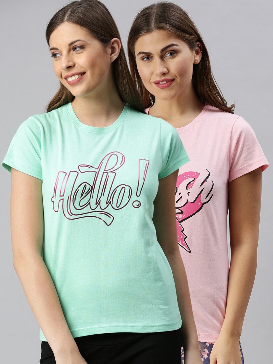 

Kryptic Women Pack Of 2 Typography Printed Pure Cotton Lounge T-Shirts, Green