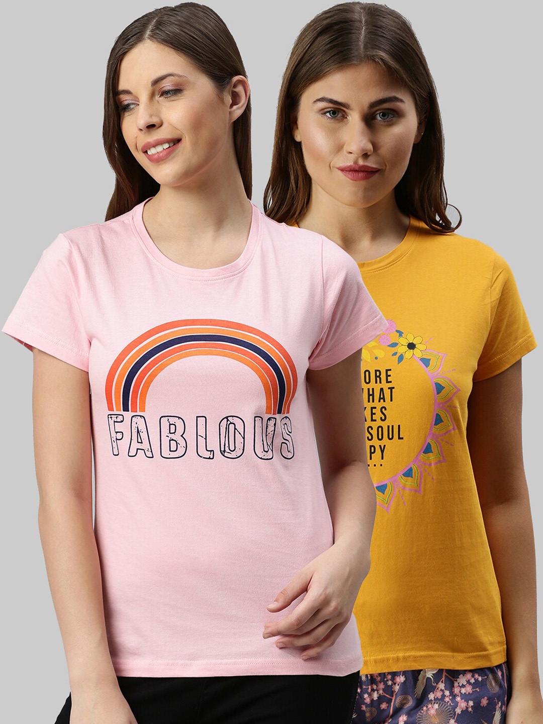 

Kryptic Women Pack Of 2 Printed Pure Cotton Lounge T-shirt, Mustard