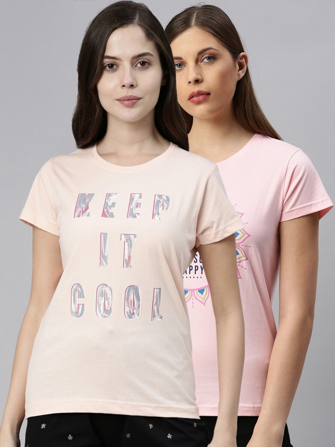 

Kryptic Women Pack Of 2 Pink Printed Pure Cotton Lounge T-shirts
