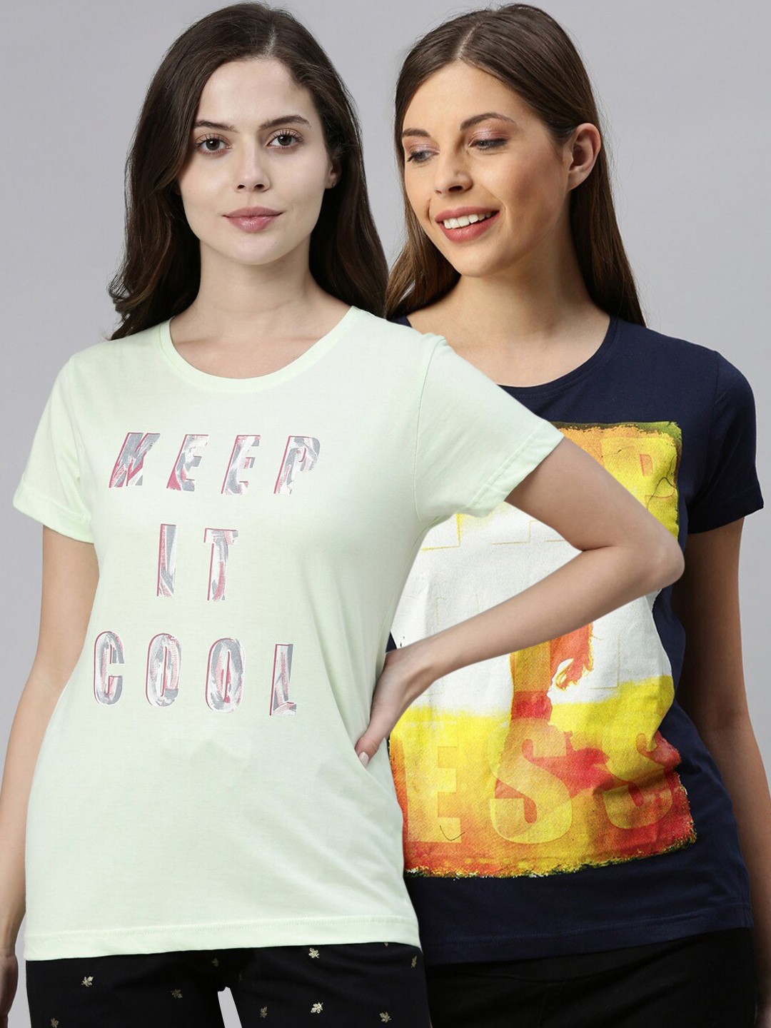 

Kryptic Women Pack Of 2 Pink Printed Pure Cotton Lounge T-shirts, Navy blue