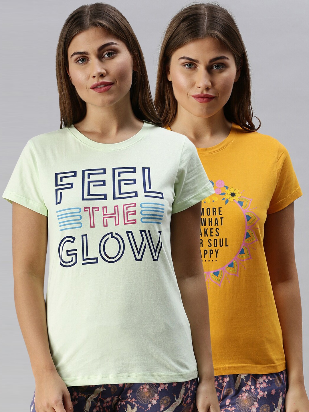 

Kryptic Women Pack Of 2 Printed Pure Cotton Lounge T-Shirt, Mustard