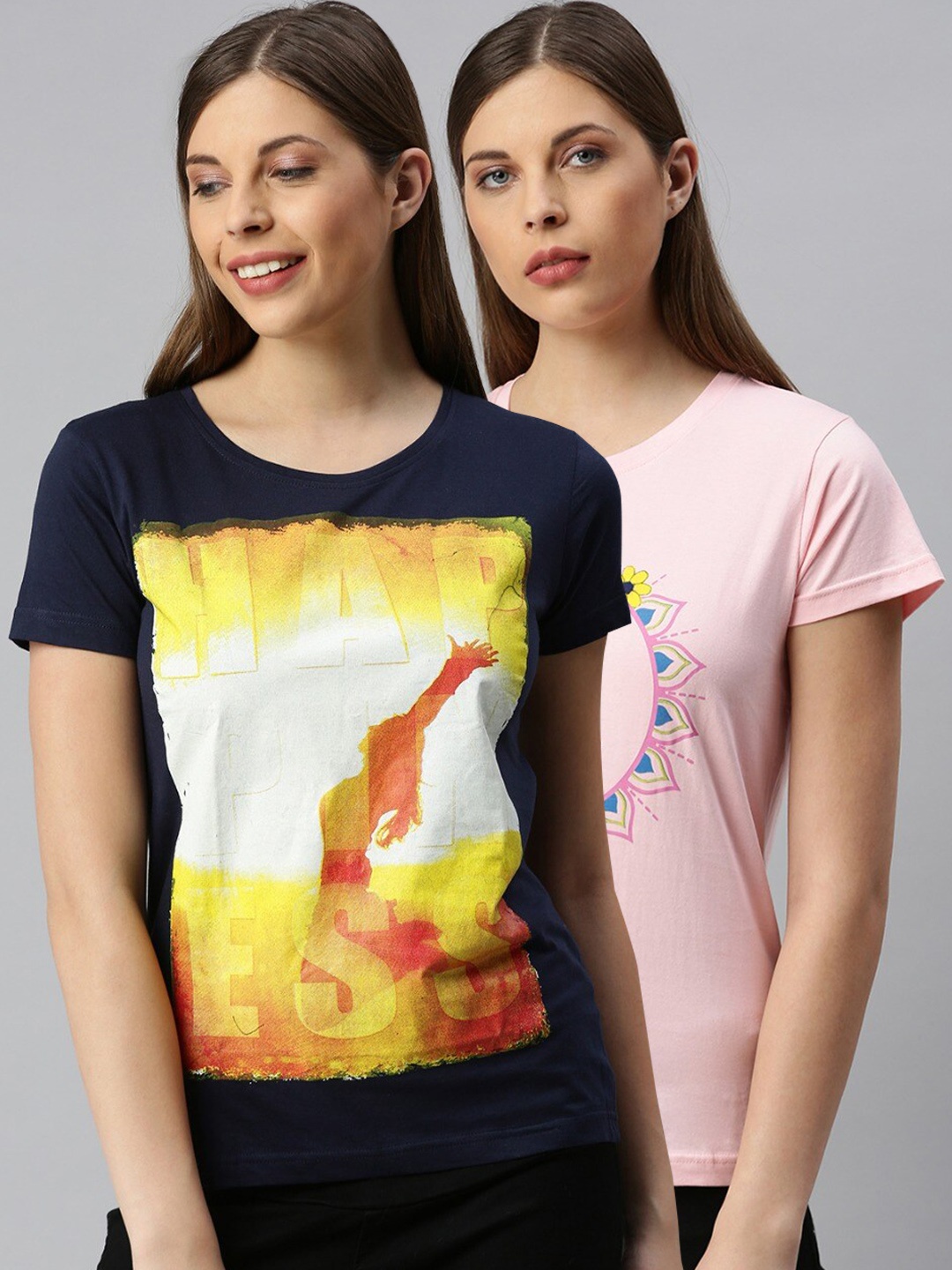 

Kryptic Women Pack Of 2 Typography Printed Pure Cotton Lounge T-Shirts, Pink