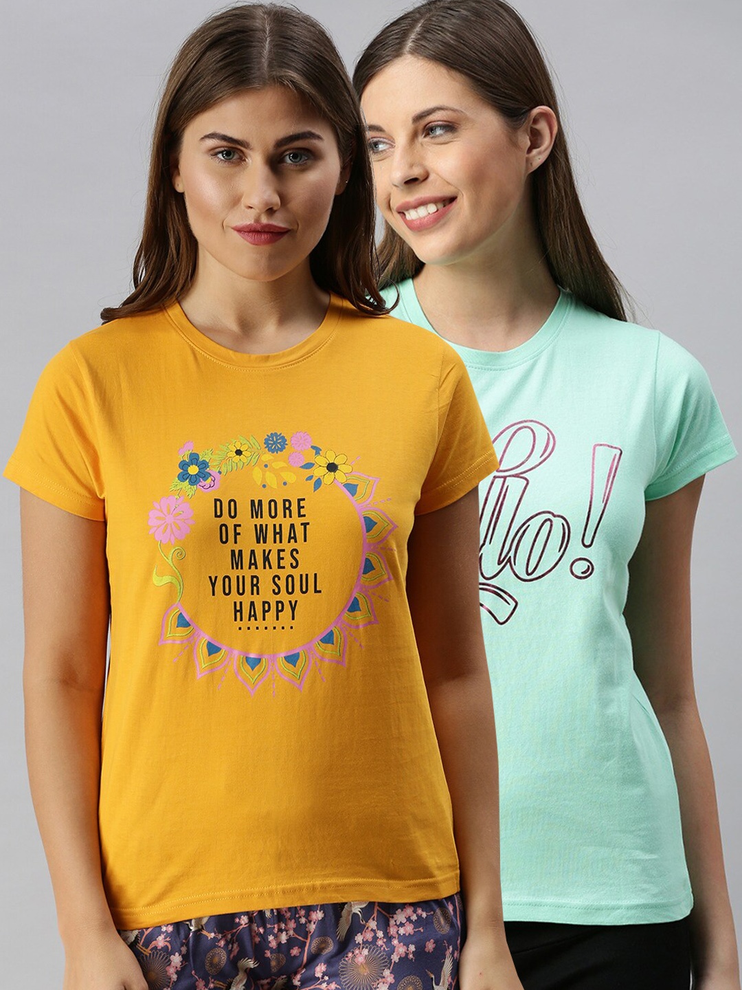 

Kryptic Women Pack Of 2 Typography Printed Pure Cotton Lounge T-Shirts, Mustard
