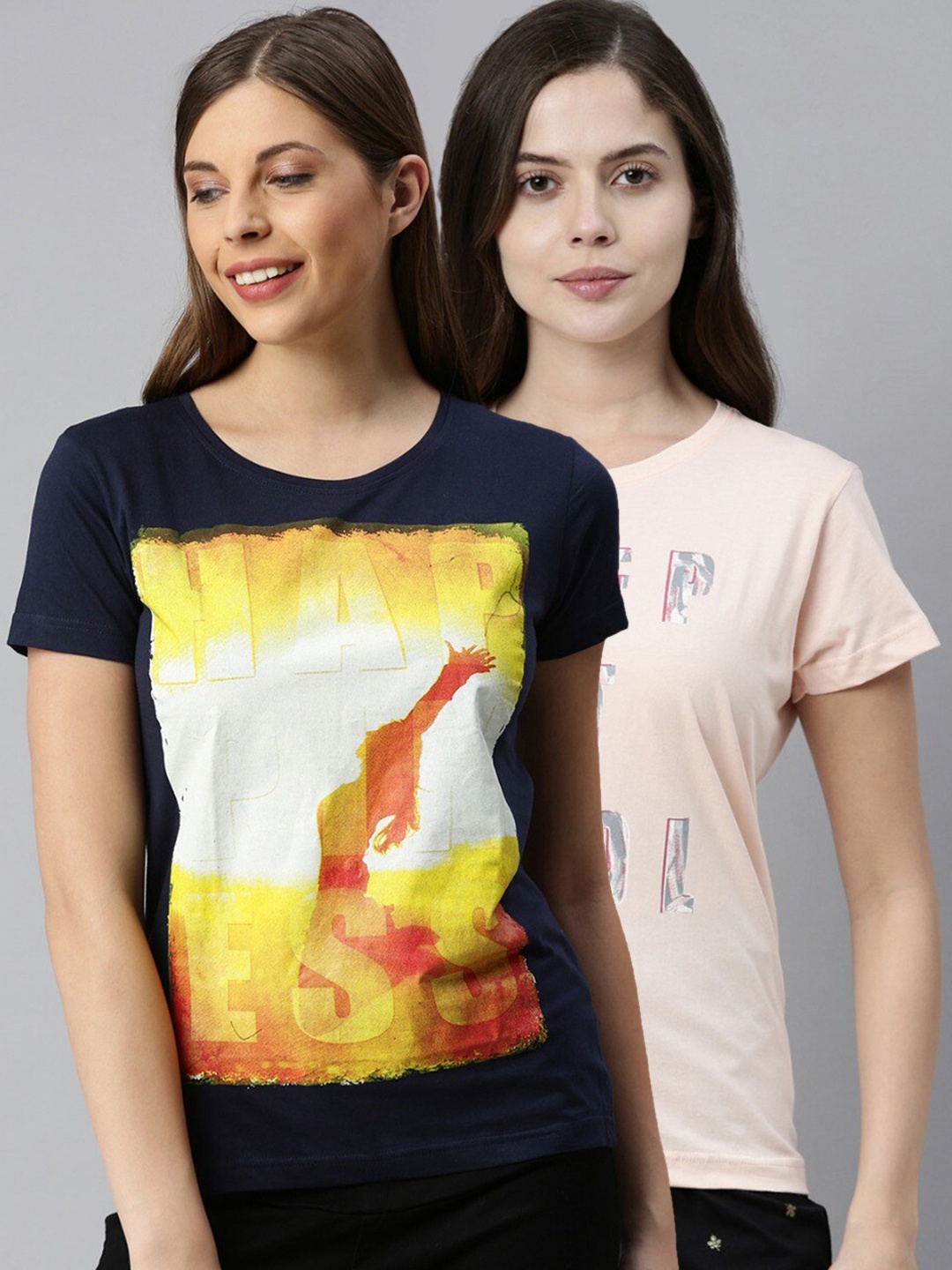 

Kryptic Women Pack Of 2 Printed Pure Cotton Lounge T-Shirts, Navy blue
