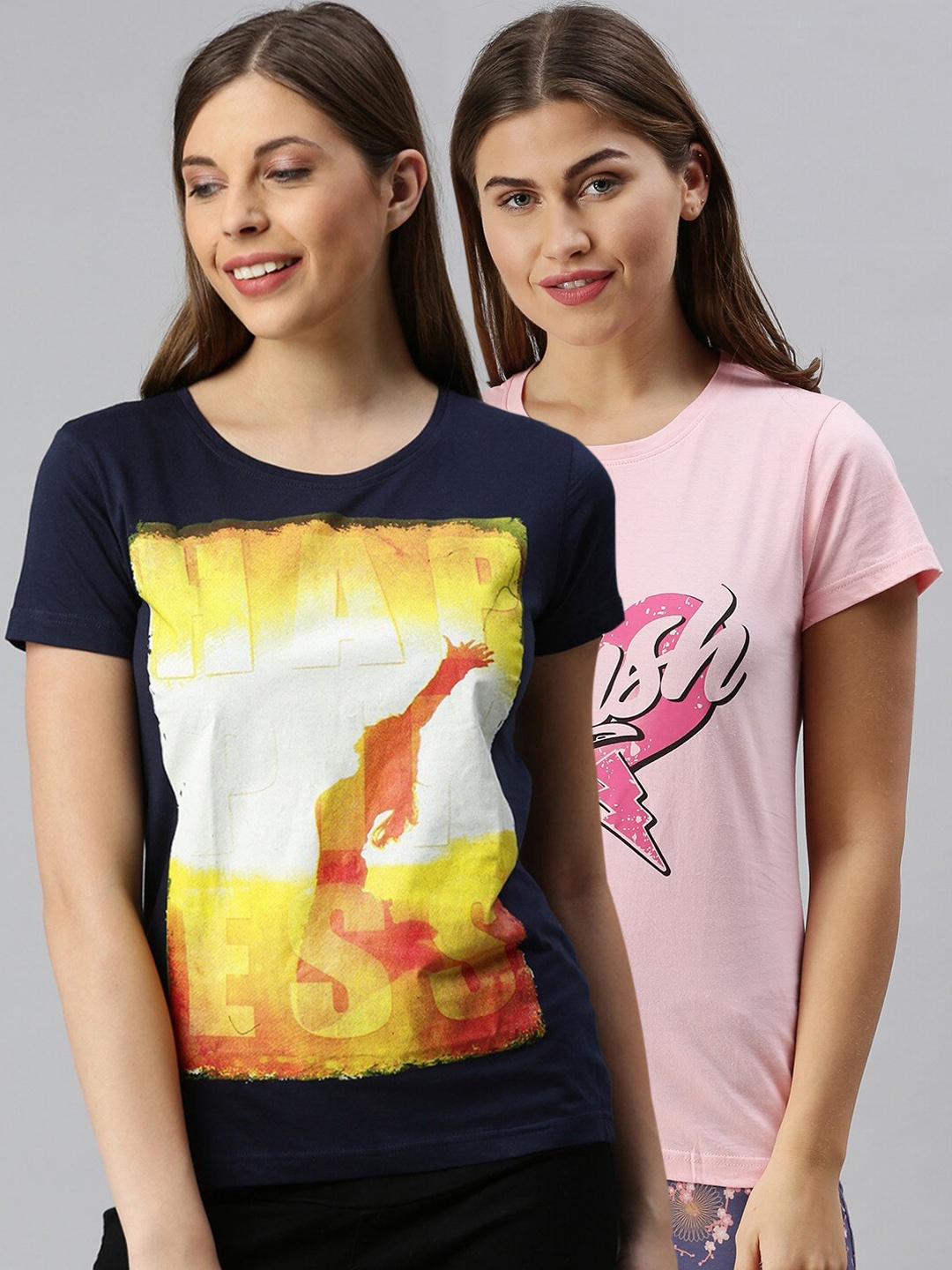 

Kryptic Women Pack Of 2 Typography Printed Pure Cotton Lounge T-Shirts, Pink