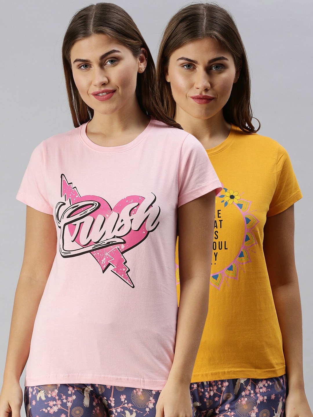 

Kryptic Women Pack Of 2 Typography Printed Pure Cotton Lounge T-Shirts, Mustard
