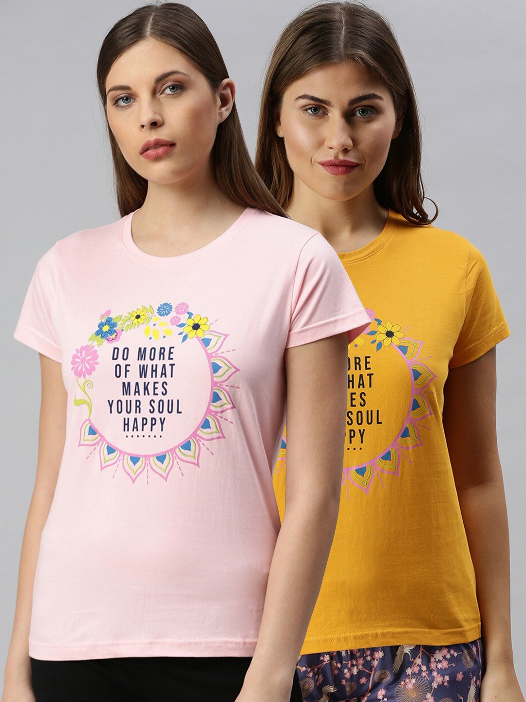 

Kryptic Women Pack Of 2 Typography Printed Pure Cotton Lounge T-Shirts, Mustard