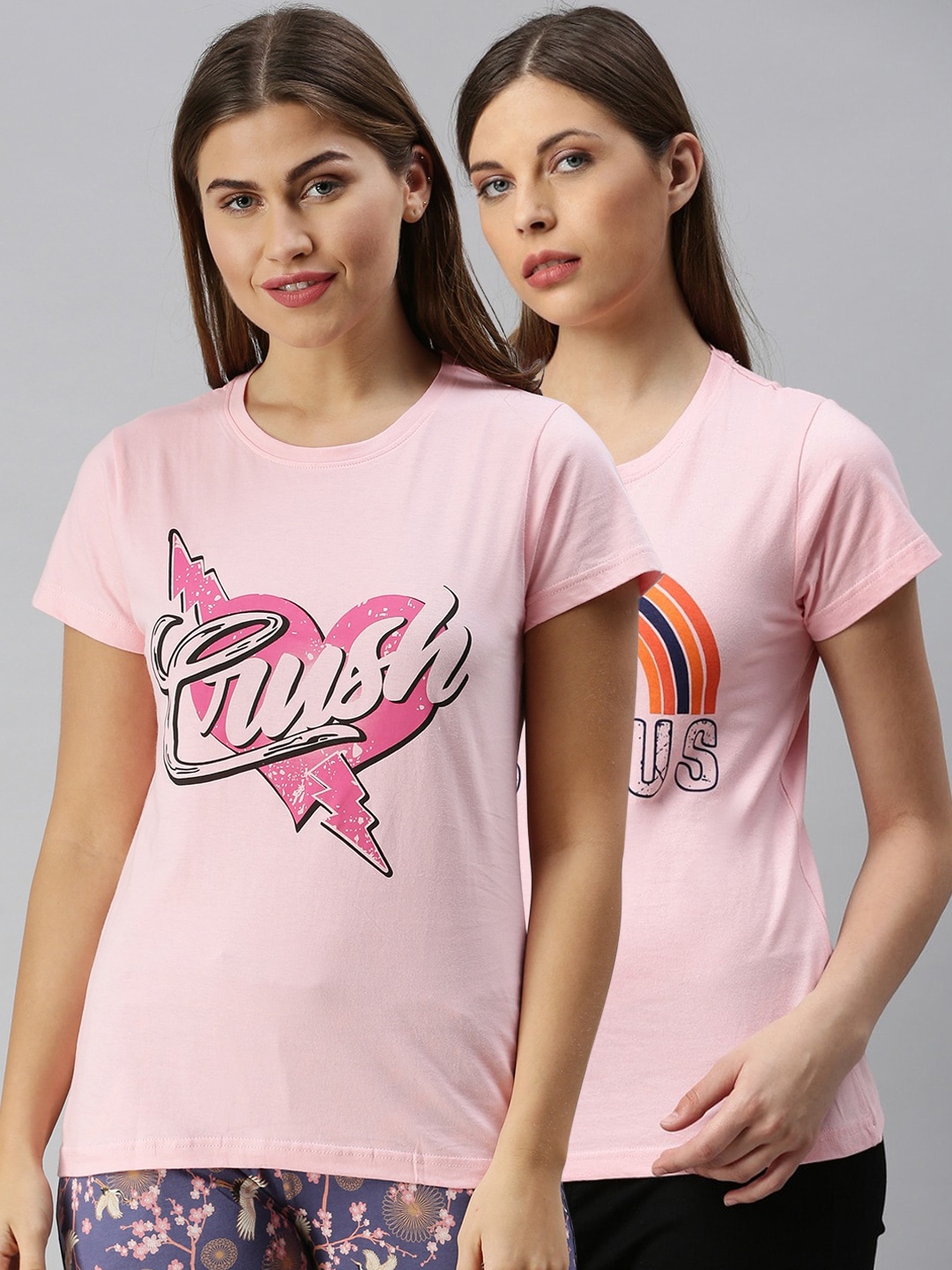 

Kryptic Women Pack Of 2 Typography Printed Pure Cotton Lounge T-Shirts, Pink