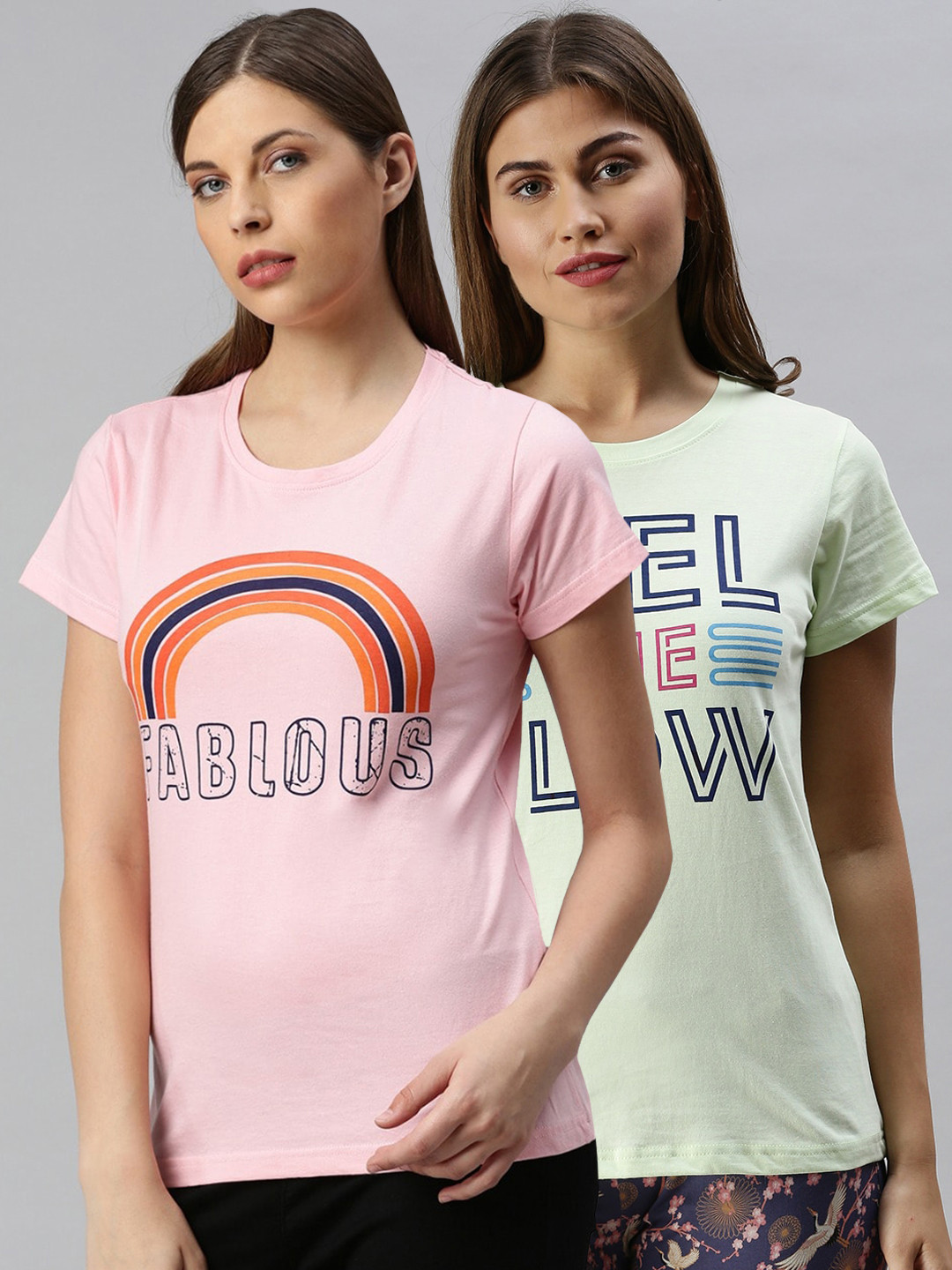 

Kryptic Women Pack Of 2 Typography Printed Pure Cotton Lounge T-Shirts, Pink