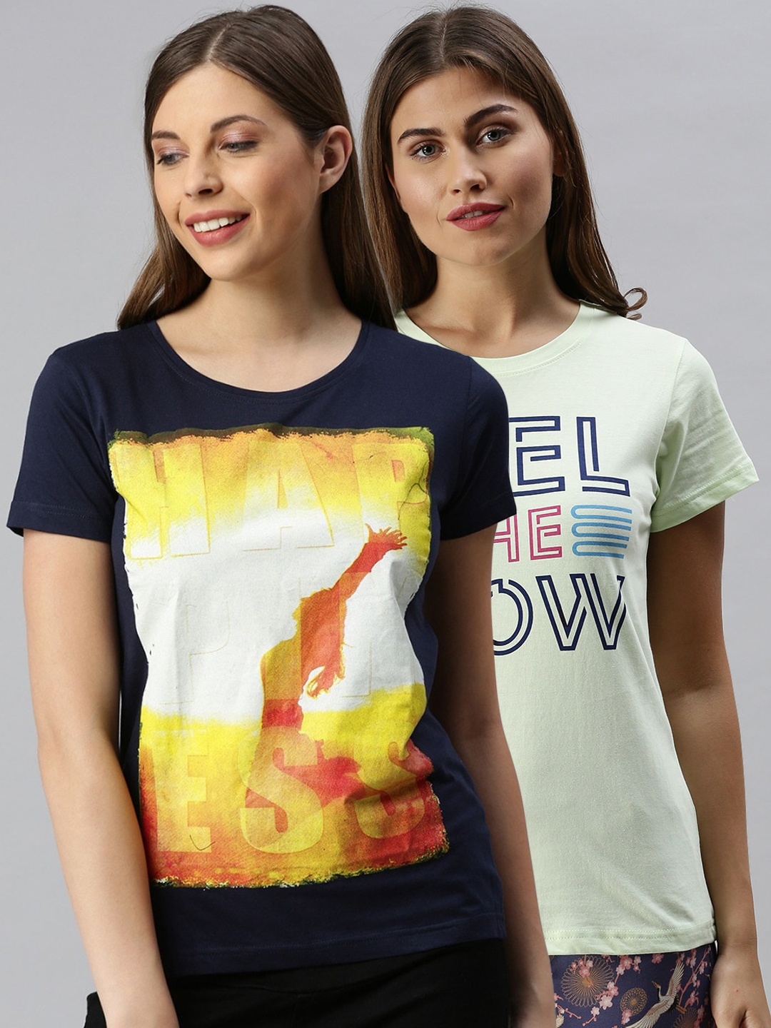 

Kryptic Women Pack Of 2 Printed Pure Cotton Lounge T-Shirts, Navy blue