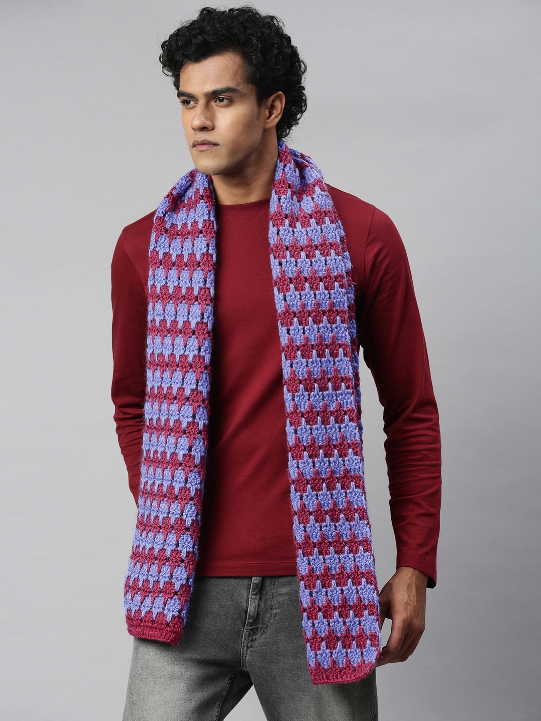 

Magic Needles Unisex Maroon & Blue Checked Scarf