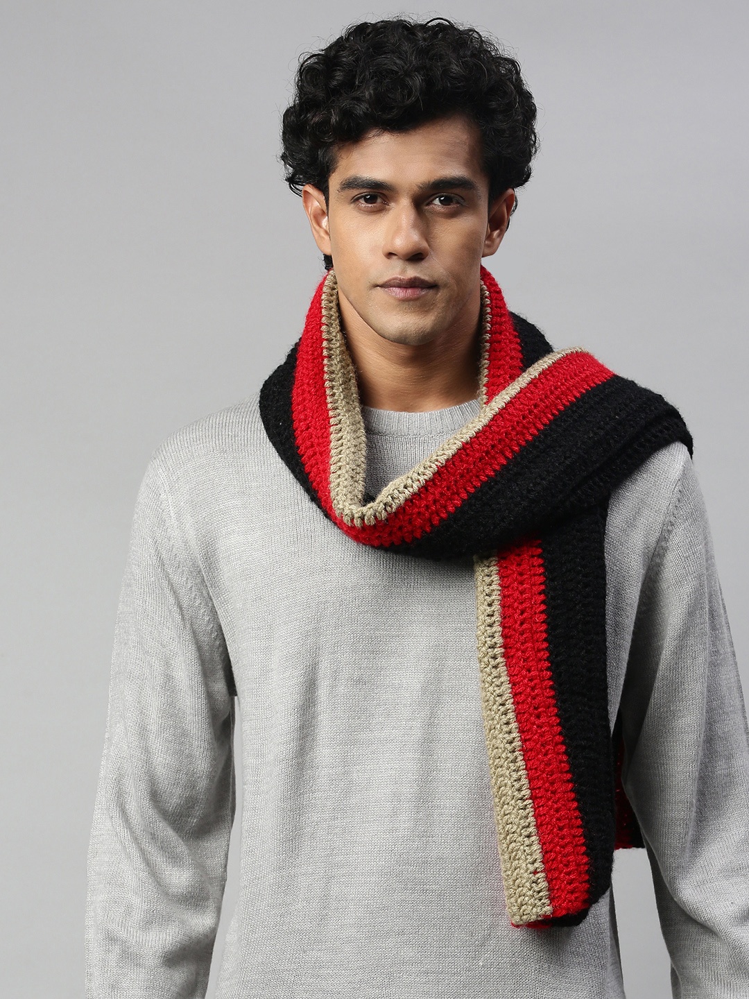 

Magic Needles Unisex Black & Red Self-Design Scarf