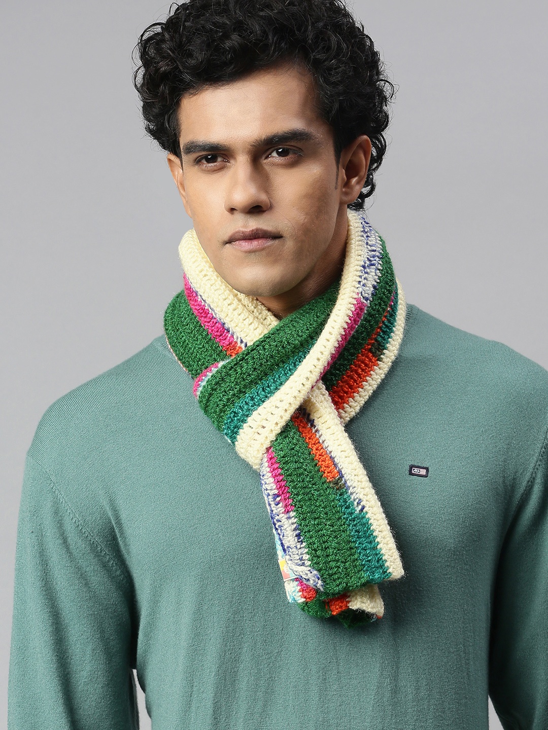 

Magic Needles Unisex Green & Cream-Coloured Self-design Scarf