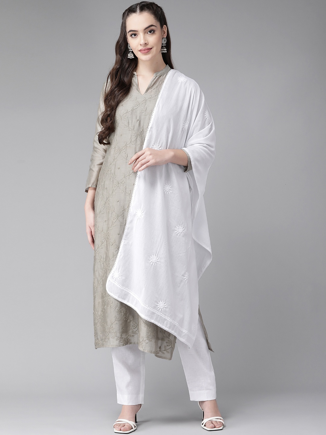 

ADA White Sustainable Chikankari Embroidered Dupatta