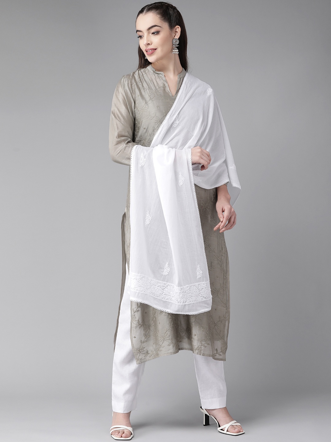 

ADA White Cotton Chikankari Hand Embroidered Sustainable Dupatta