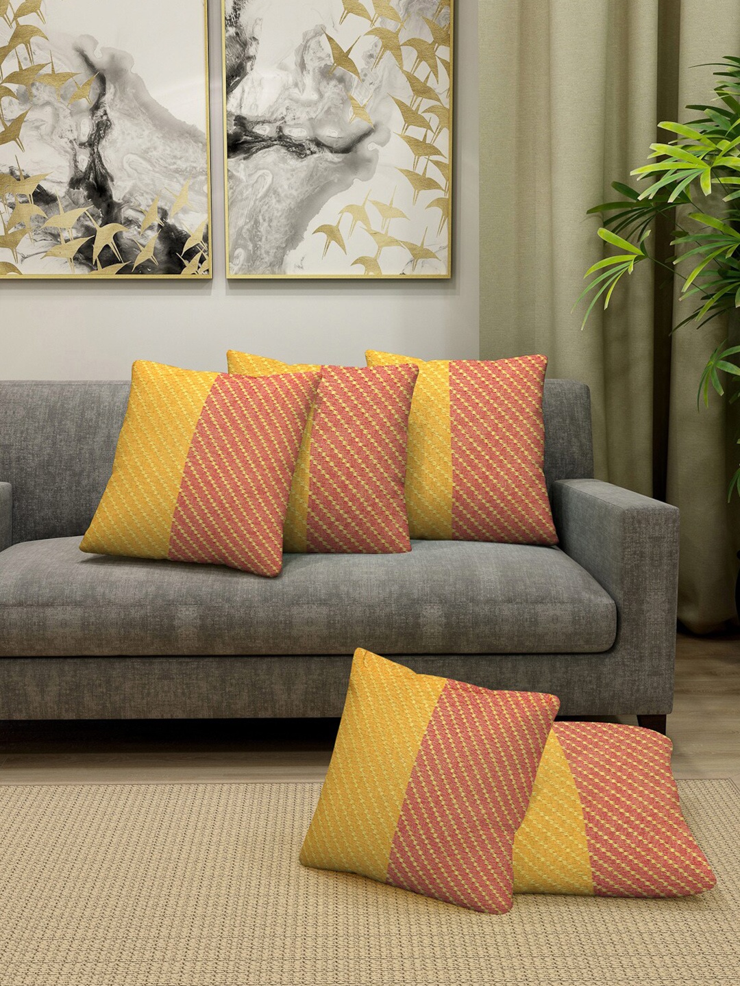 

KLOTTHE Unisex Multi Self Design Set Of 5 Cushion Covers, Yellow