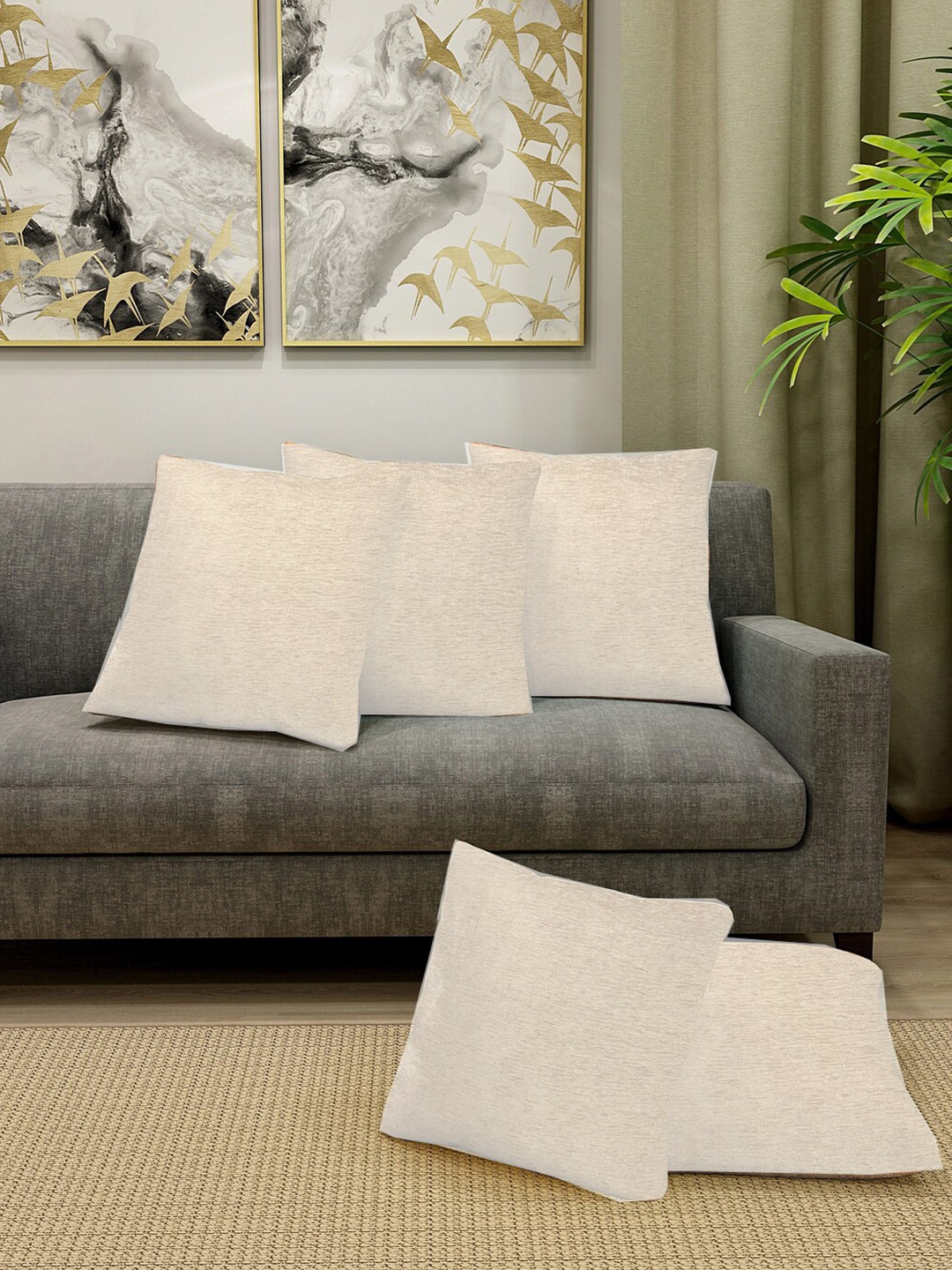 

KLOTTHE Unisex Off White Solid Self Design Set Of 5 Cushion Covers