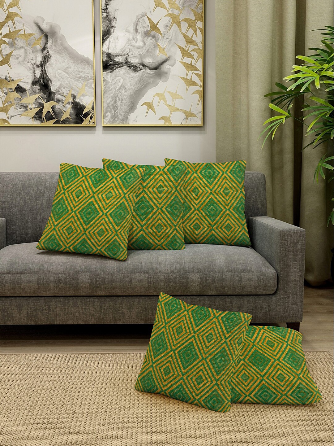

KLOTTHE Green & Mustard Set of 5 Geometric Square Cushion Covers