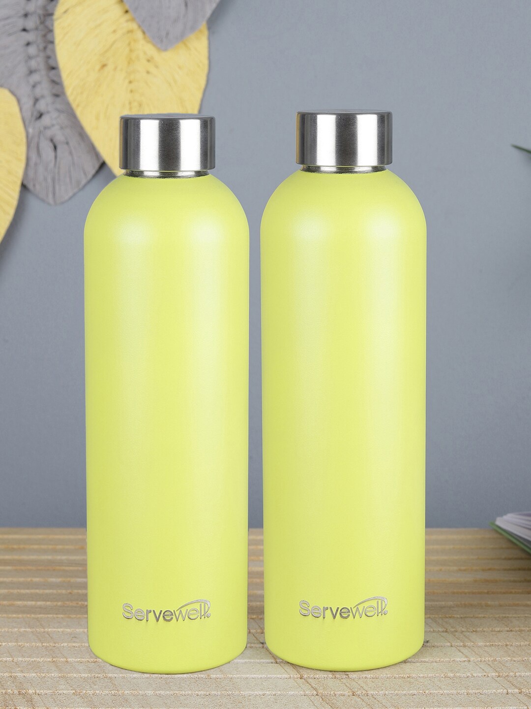 

Servewell Set Of 2 Lime Green & Silver-Toned Solid Printed Stainless Steel Single Wall Water Bottles 900 ml
