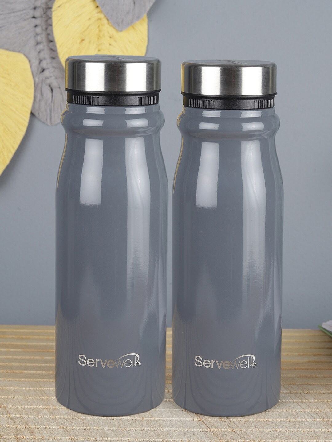 

Servewell Set Of 2 Grey & Silver-Toned Solid Stainless Steel Single Wall Water Bottles